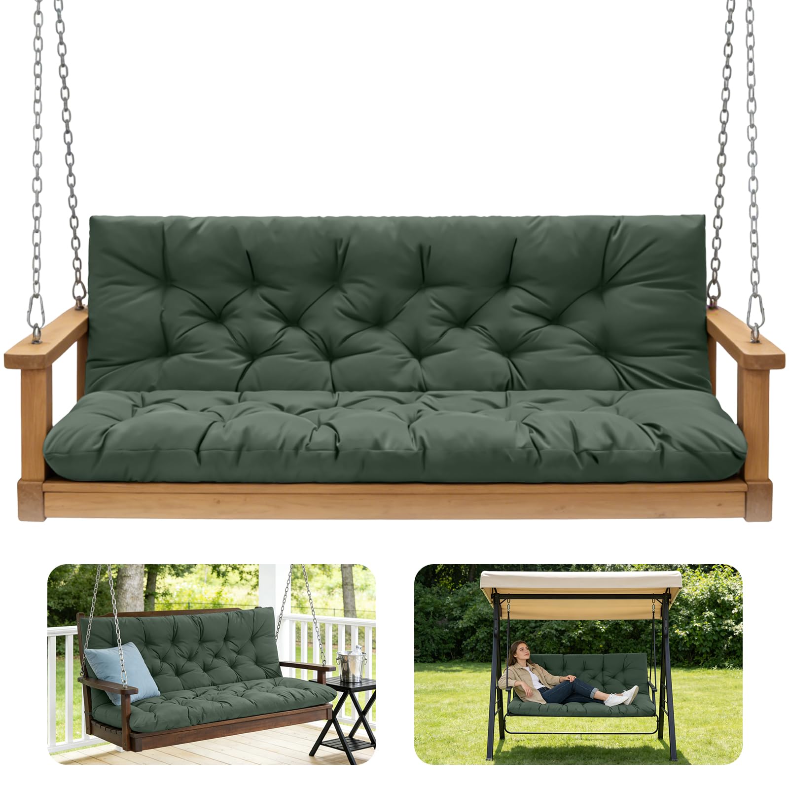 Photo 1 of GPQAWER Porch Swing Cushions,Outdoor Cushions 3 Seater Replacement with Backrest, Waterproof Thickened Bench Cushion with Ties for Porch, Patio,Outdoor, Backyard and Garden (Dark Green 47 * 40 in)