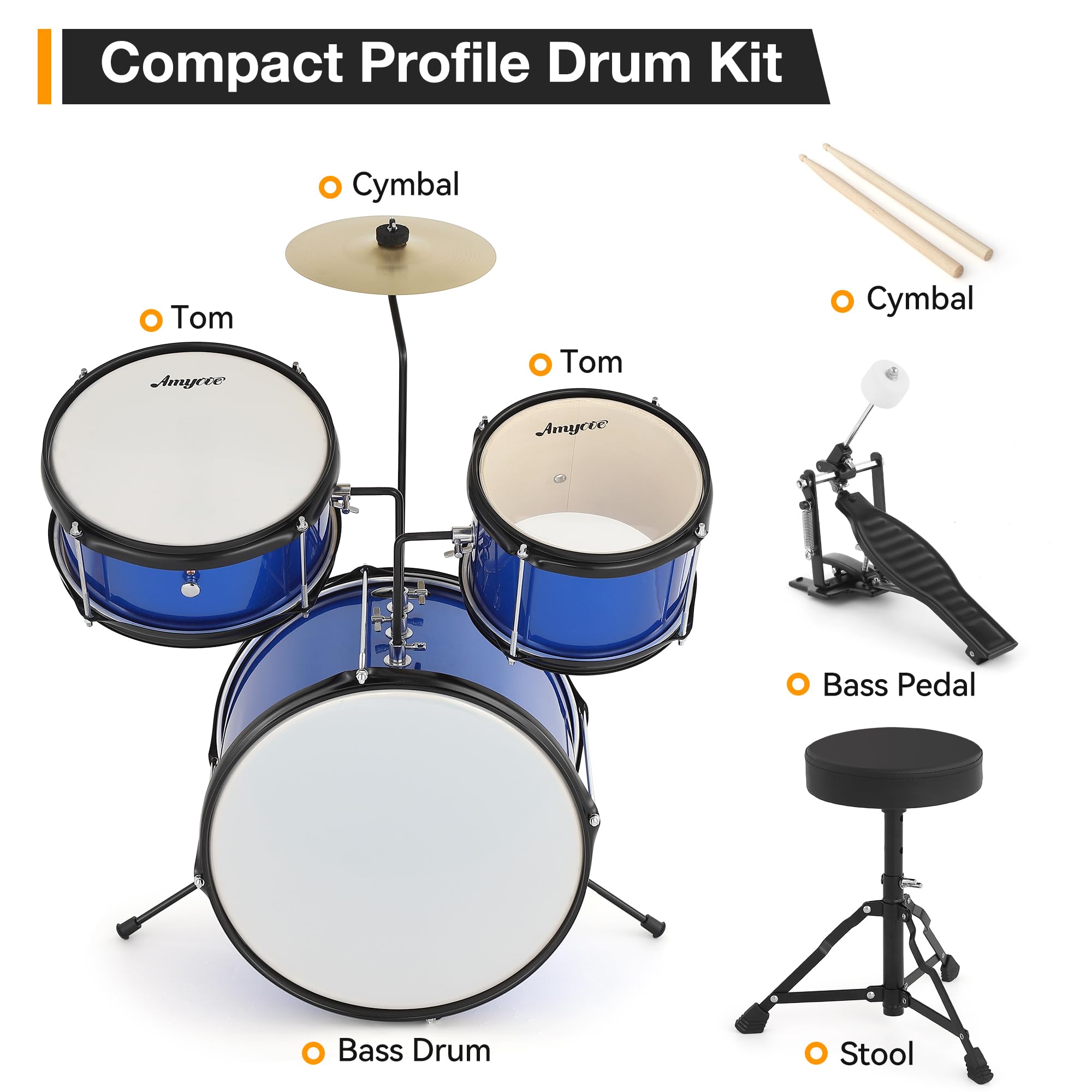 Batería Electrónica De 3 Piezas Para Niños Principiantes - Incluye Platillo, Tom, Bombo Con Pedal, Baquetas y Asiento Ajustable. Kit De Percusión Musical Para Niños y Niñas, Color Negro.