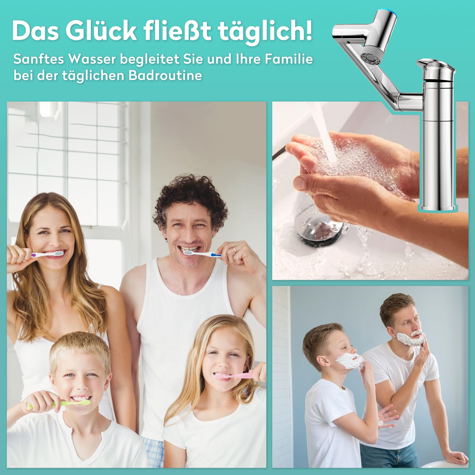 KAIYING Grifo de lavabo giratorio 1080°, grifos de altura ajustable, indicador de temperatura (sin batería), 1 agujero para baño (cromo) | Grifo de lavabo con indicador de temperatura (baterías). Grifería de lavabo regulable en altura. 2 modos de grifo de
