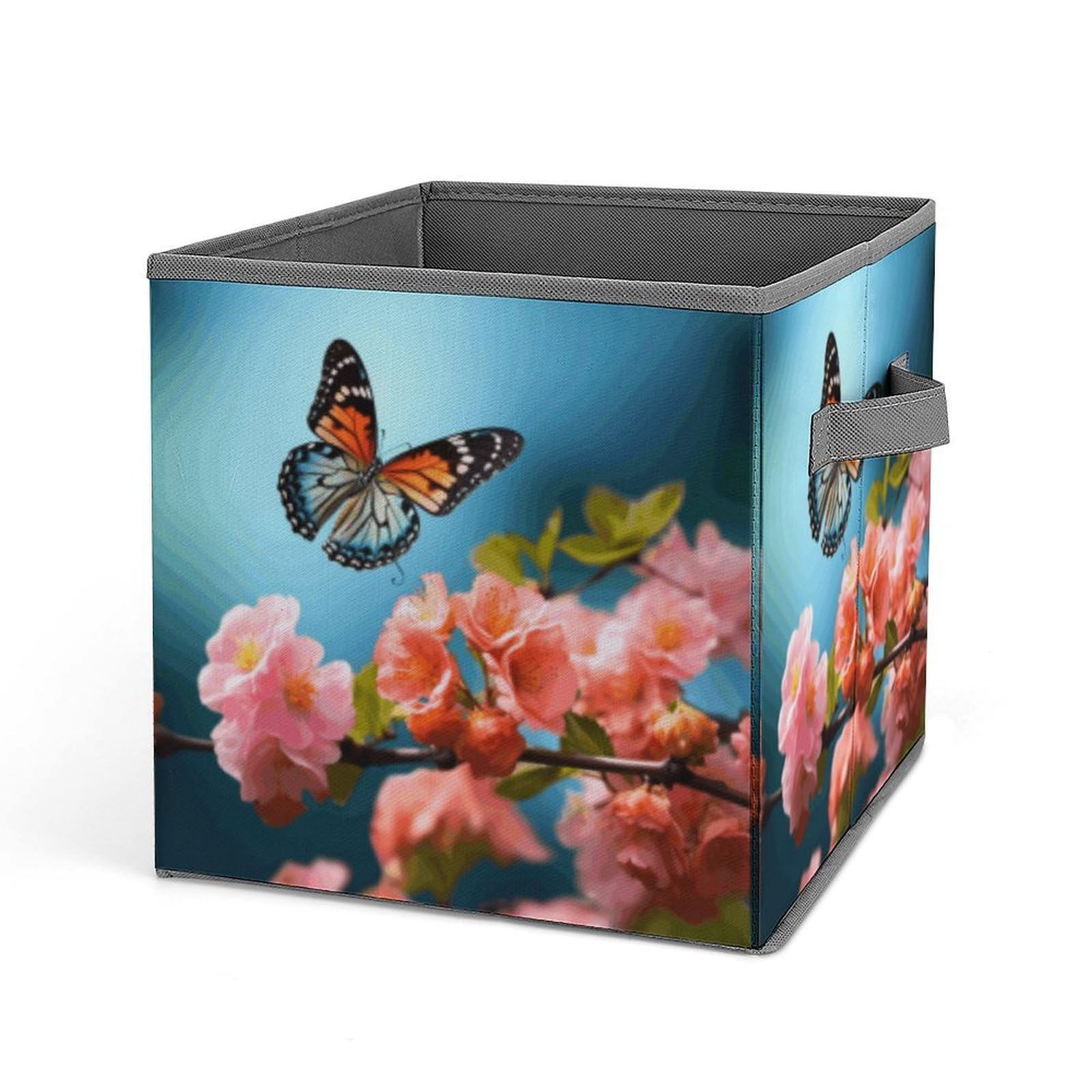 JTREHY Butterfly With Flowers Storage Bins Sturdy Large Capacity Folding Sorting Boxes Convenient Stable Storage Box Collapsible Fabric Storages Cubes Organizer with Handles