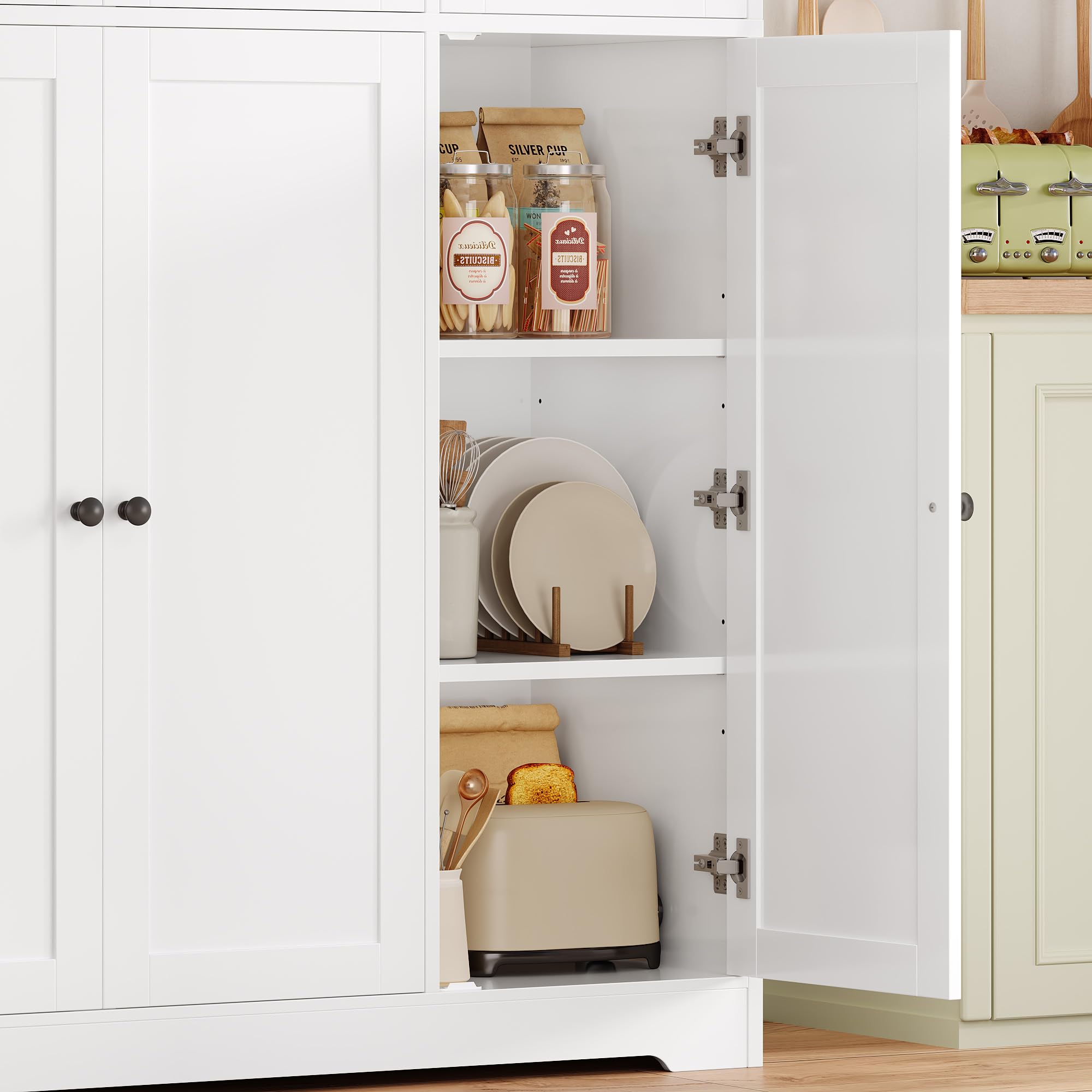 FirFurd 180 cm Credenza Cucina Alta, Mobile Dispensa Cucina con 6 Ante, Mobiletto Multiuso a Ripiani Regolabili, Mobile Cucina Dispensa, per Studio, Cucina, Ingresso, Soggiorno, 106x37x180 cm (Bianco)