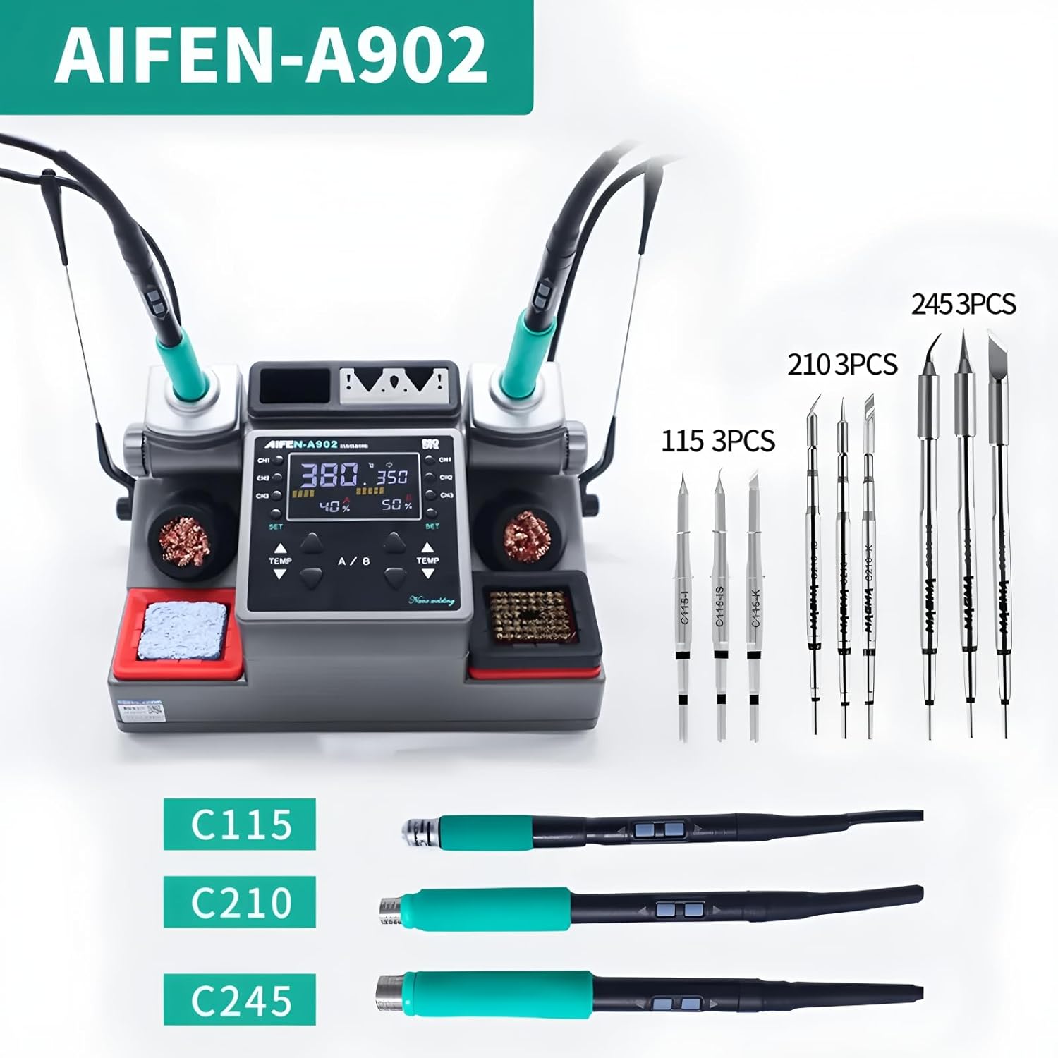AIFEN A902 Soldering Station C115 C210 C245 Double Station Welding Rework Station for Cell-Phone PCB IC Repair Solder Tools(A902 245+115+210+9tips)