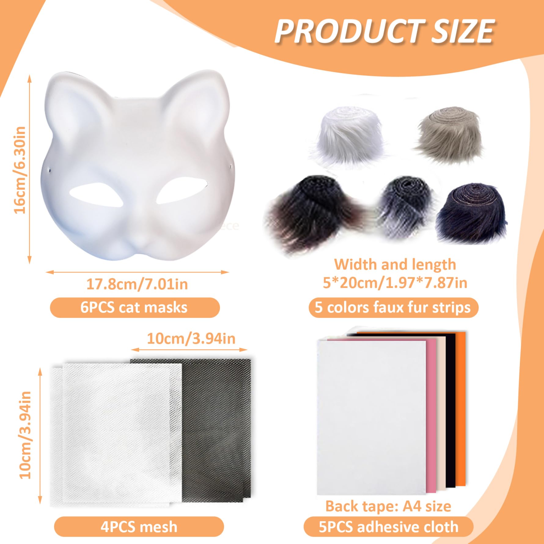 Kit di maschera therrian fai -da -te, maschere per gatti vuoti da 6 pezzi con panno in rete da 4 pezzi, striscia di lana 5 e fogli di tessuto in feltro da 5 per maschere volpe pelose fai