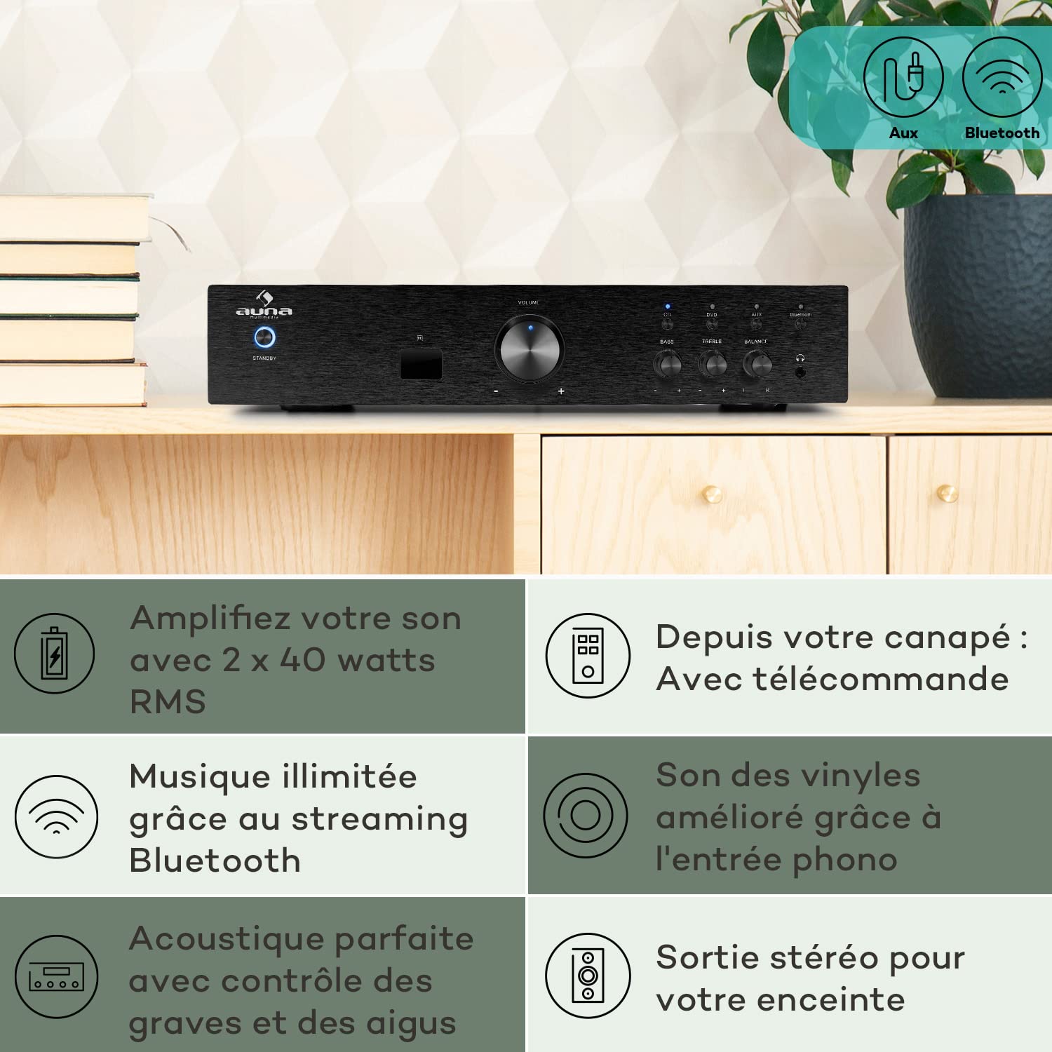 AUNA AV2-CD508BT - Amplificateur HiFi, Ampli Home Cinema, Amplificateurs, 600 Watt de Puissance maximale, Interface Bluetooth, Aux-in, Télécommande - Noir