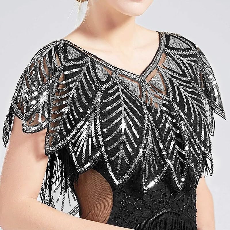 1Pcs Sequins Leaf Lace Flapper Shawl Wraps Vintage Sequin Beaded Evening Cape Women Dress Cheongsam Classic Shawl2