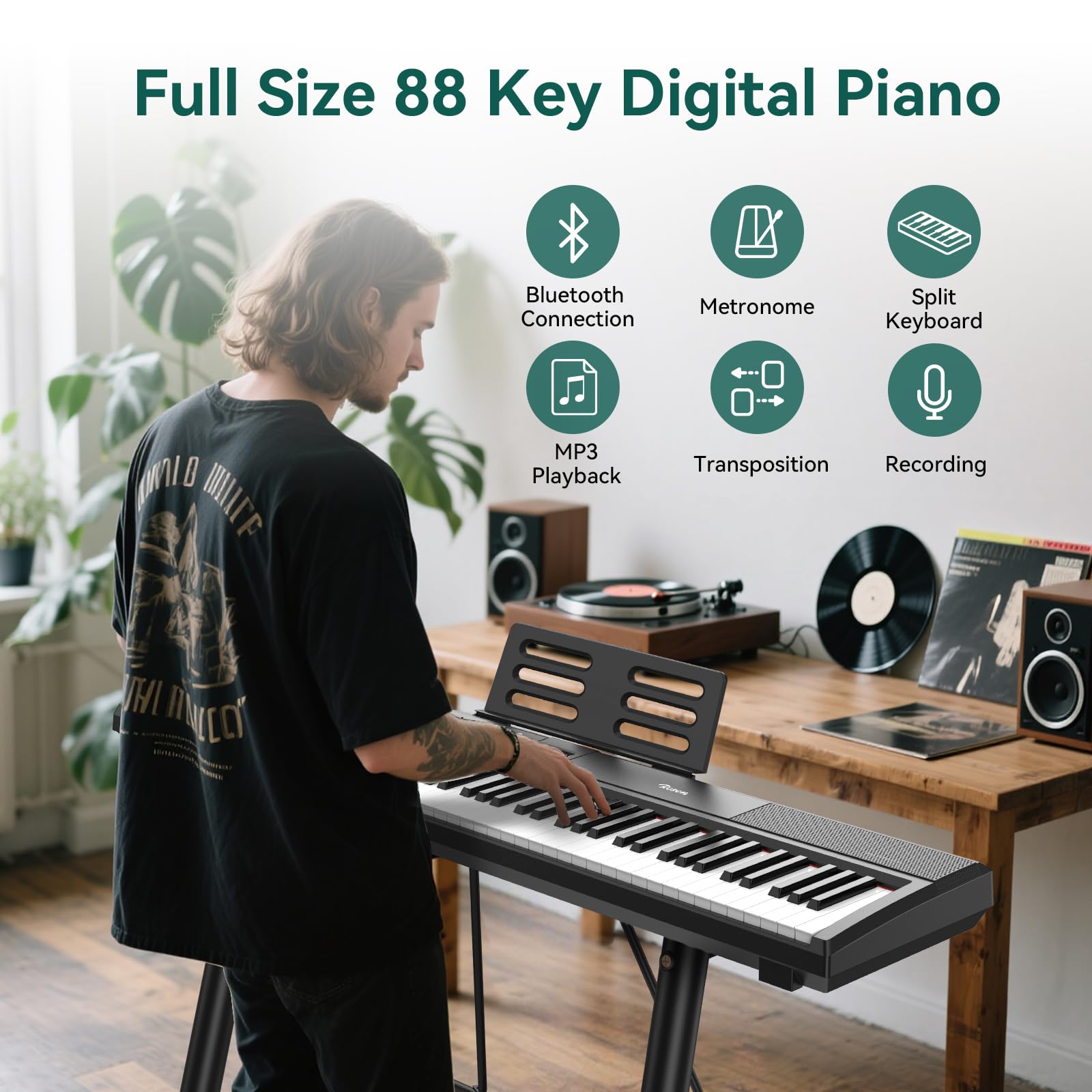 Rosen P51 tastiera pesata full size 88 tasti per principianti pianoforte digitale, pianoforte elettrico portatile con pedale di sostegno e alimentazione elettrica, nero