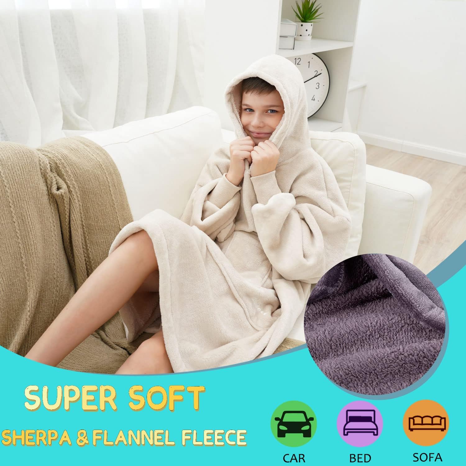 REDESS Blanket Hoodie Sweatshirt, Wearable Blanket Oversized Sherpa with Sleeves Giant Pocket, Cozy Hoodie for Children Kids - Image 4