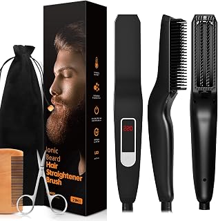 Beard Straightener for Men, Ionic & Anti-Scald Heating Brush, 6 Tempertrue Settings Fast Heating Beard Brush and Comb, LCD Display Straightening, Heard Straightener for Home Travel Hot Comb for Beard