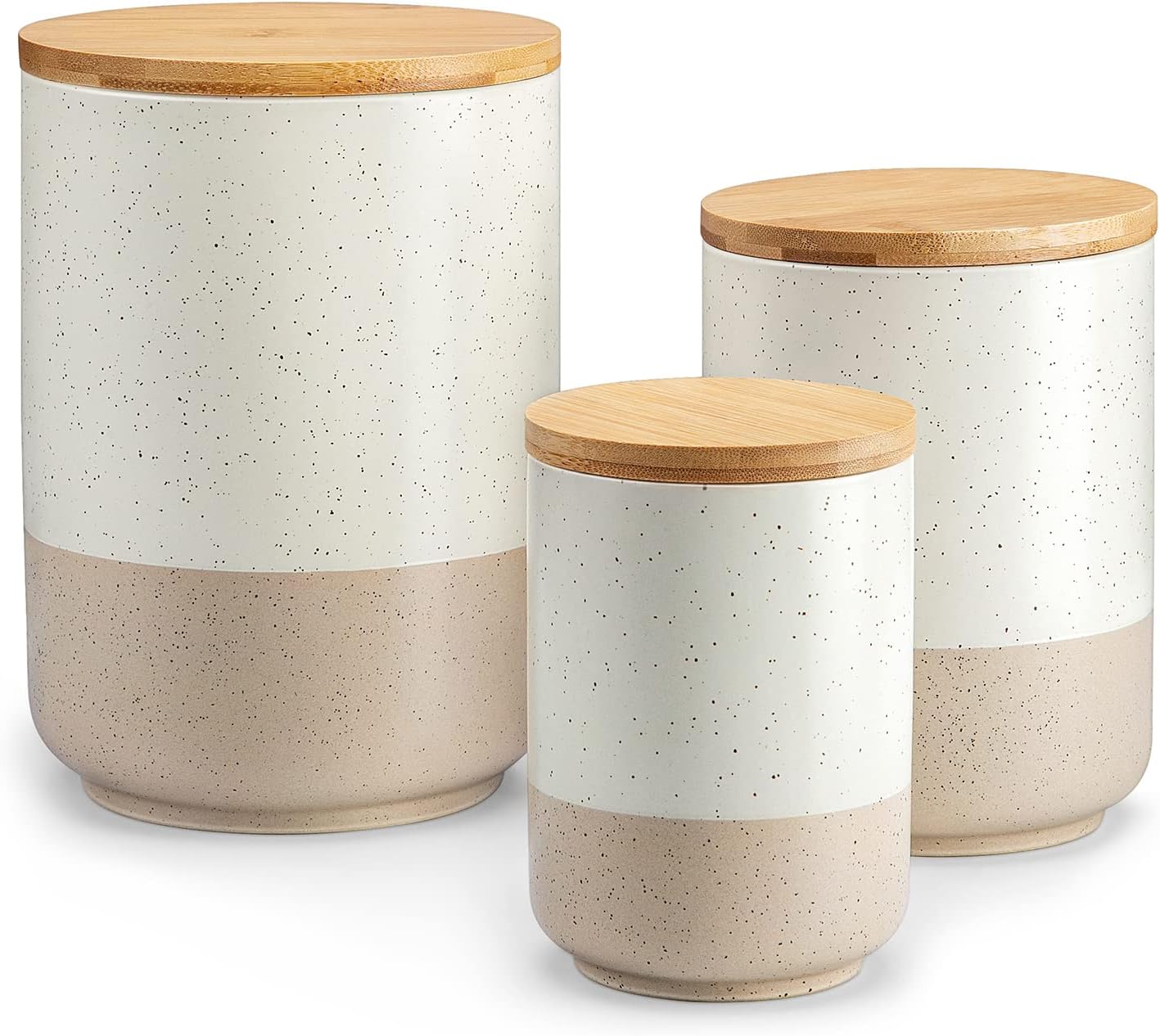 Sabine Ceramic Canister Set with Airtight Wood Lids - 3-Piece Kitchen Storage for Flour, Sugar, Coffee, Tea & Spices - Modern Countertop Decor
