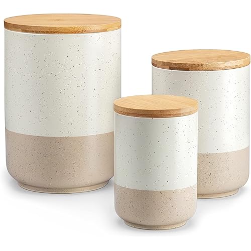 vancasso Sabine Canister Sets for Kitchen, Ceramic Kitchen Canisters for Countertop with Airtight Wood Lids, Large Flour and Sugar Containers for Coffee, Tea, Spice (Set of 3)
