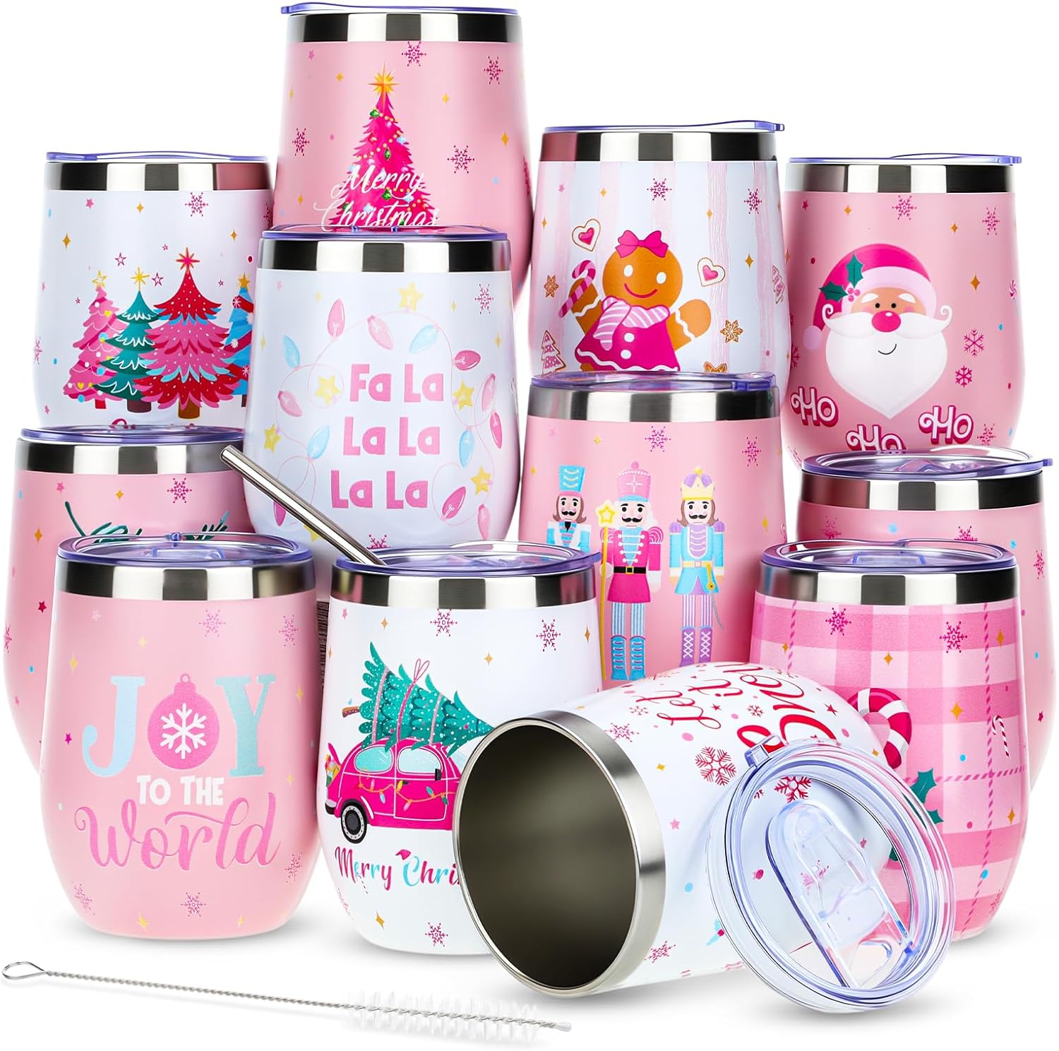meekoo 12 Sets Christmas Wine Tumbler 12oz Stainless Steel Vacuum Insulated Winter Coffee Mug Stemless Xmas Wine Glasses Holiday Gift for Teacher Coworker Friend Travel Party(Pink Christmas)