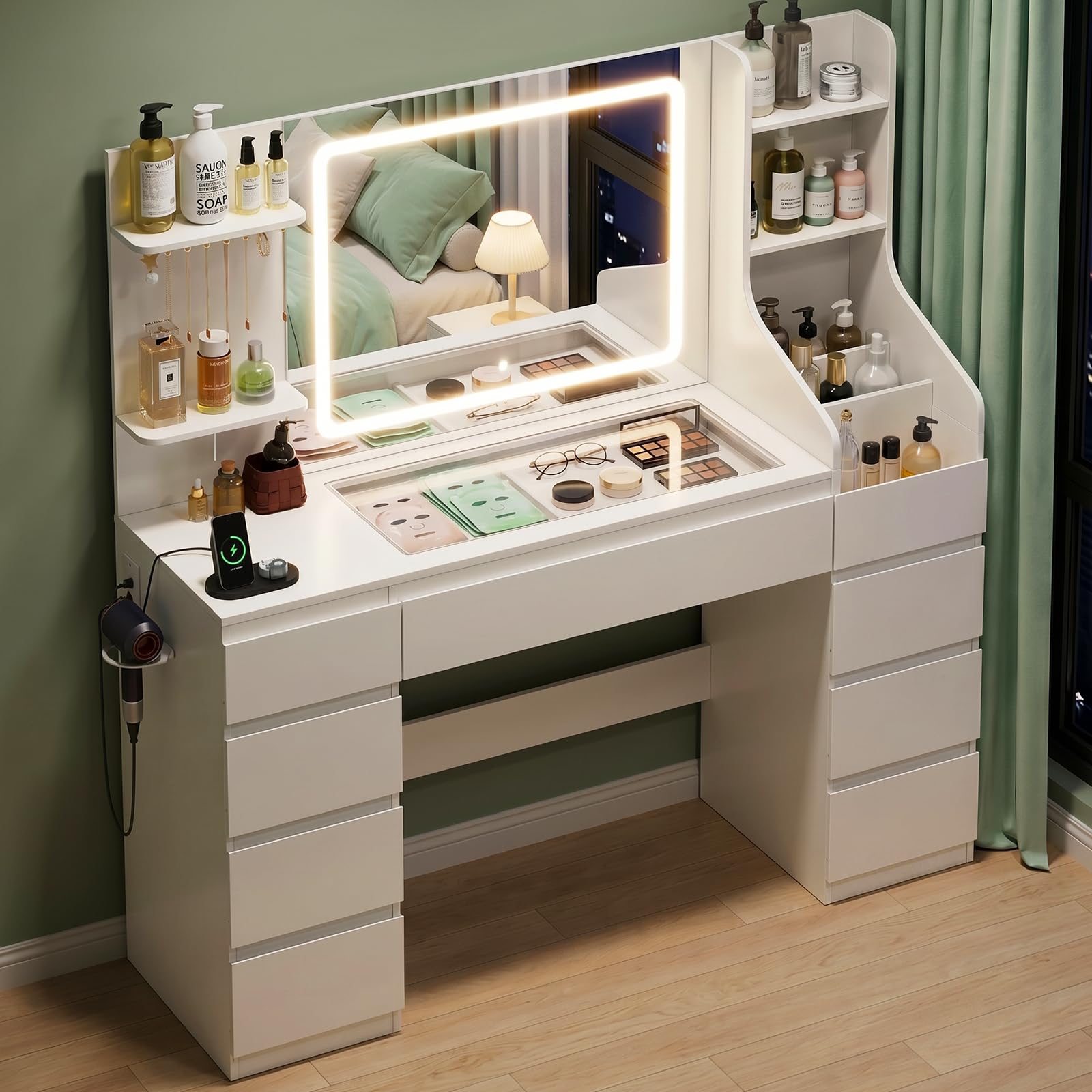 TRIUMPHKEY Schminktisch mit Spiegel und Beleuchtung, 135 cm Schminktisch Groß mit Steckdose, USB, Schubladen & Glasplatte – Weißer Vanity Tisch als Frisiertisch/Dressing Table für Schlafzimmer