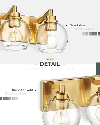 Miniatura 4 de VL195-GD-3 - Lámpara de tocador de baño de 3 luces de oro cepillado, apliques de pared modernos con pantalla de globo de vidrio transparente, luces