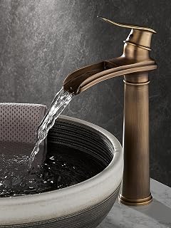 Grifo Lavabo Cascada Negro, Grifo Alto Lavabo, Grifos Mezclador De Baño De Latón Monomando, Grifo De Baño De Diseño Elegante, Función Frío Y Caliente (bronce retro-alto)