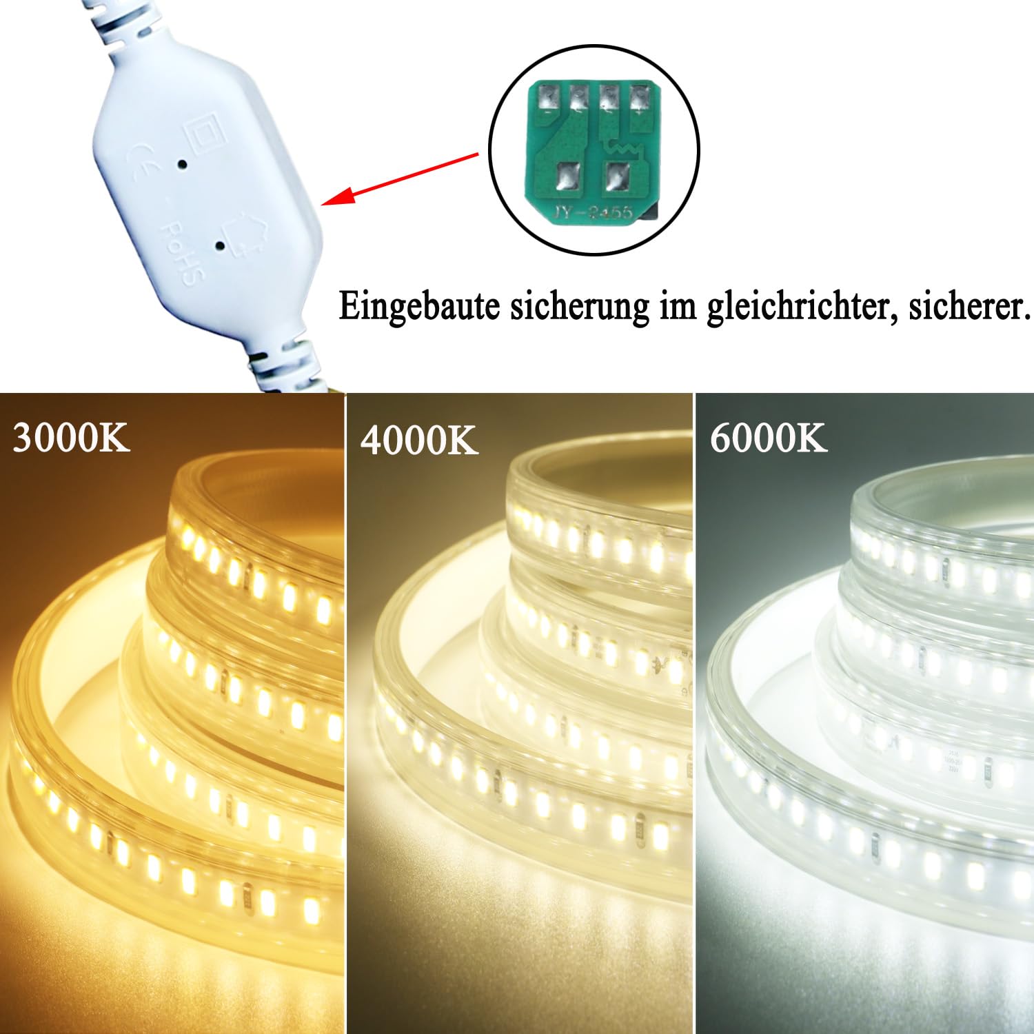 LED Strip 15M, Super Hell LED Streifen 220V 230V Direktanschluss, Wasserdicht IP65 Stripes mit Schalter, 3000K Warmweiss Band für Innen Außen Dekoration Beleuchtung Warmweiß