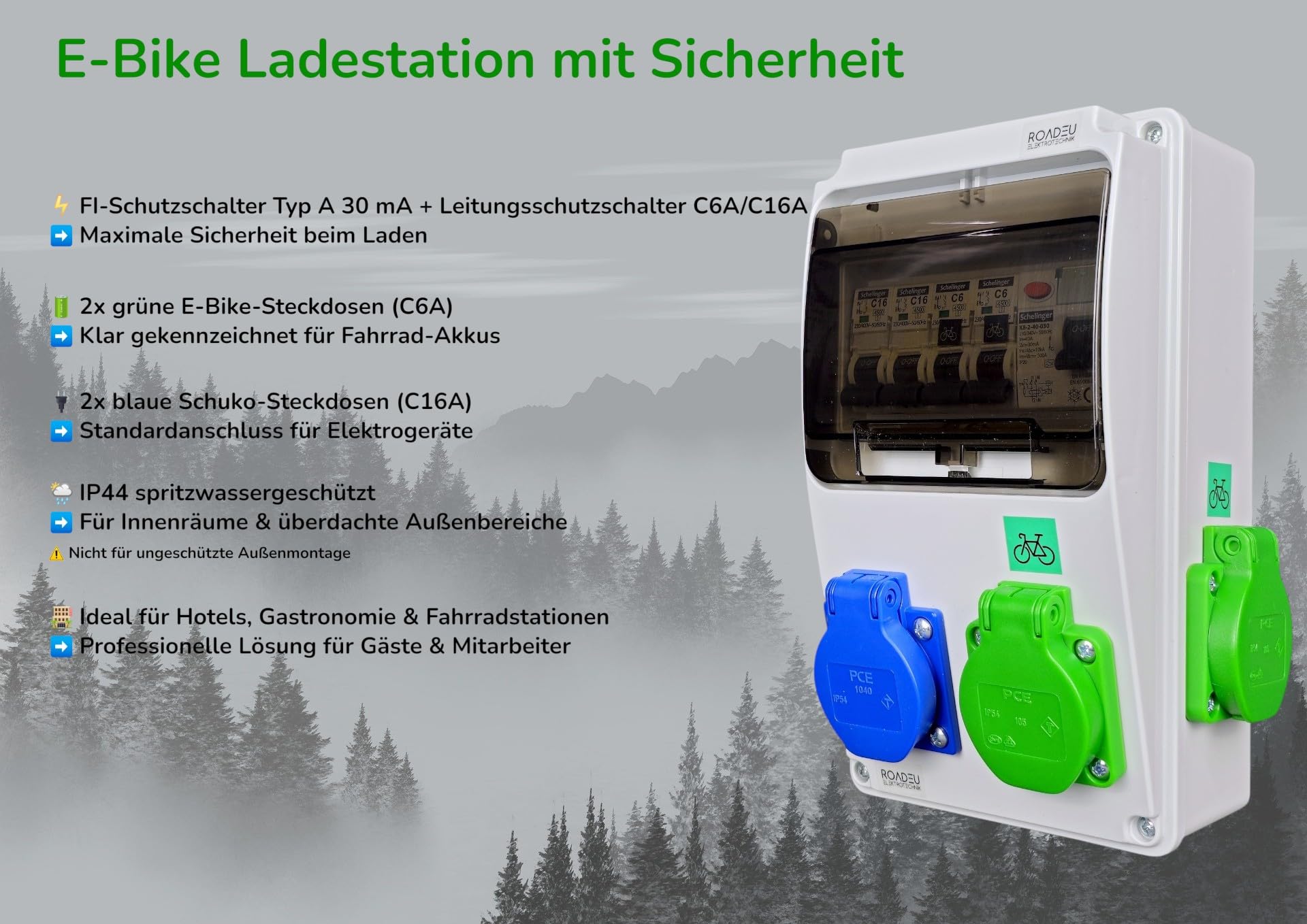 RoadEU 4-fach Wandverteiler für E-Bike & Schuko | 2× E-Bike-Steckdose (grün) + 2× Schuko 230V | FI-Schutz Typ A & IP44