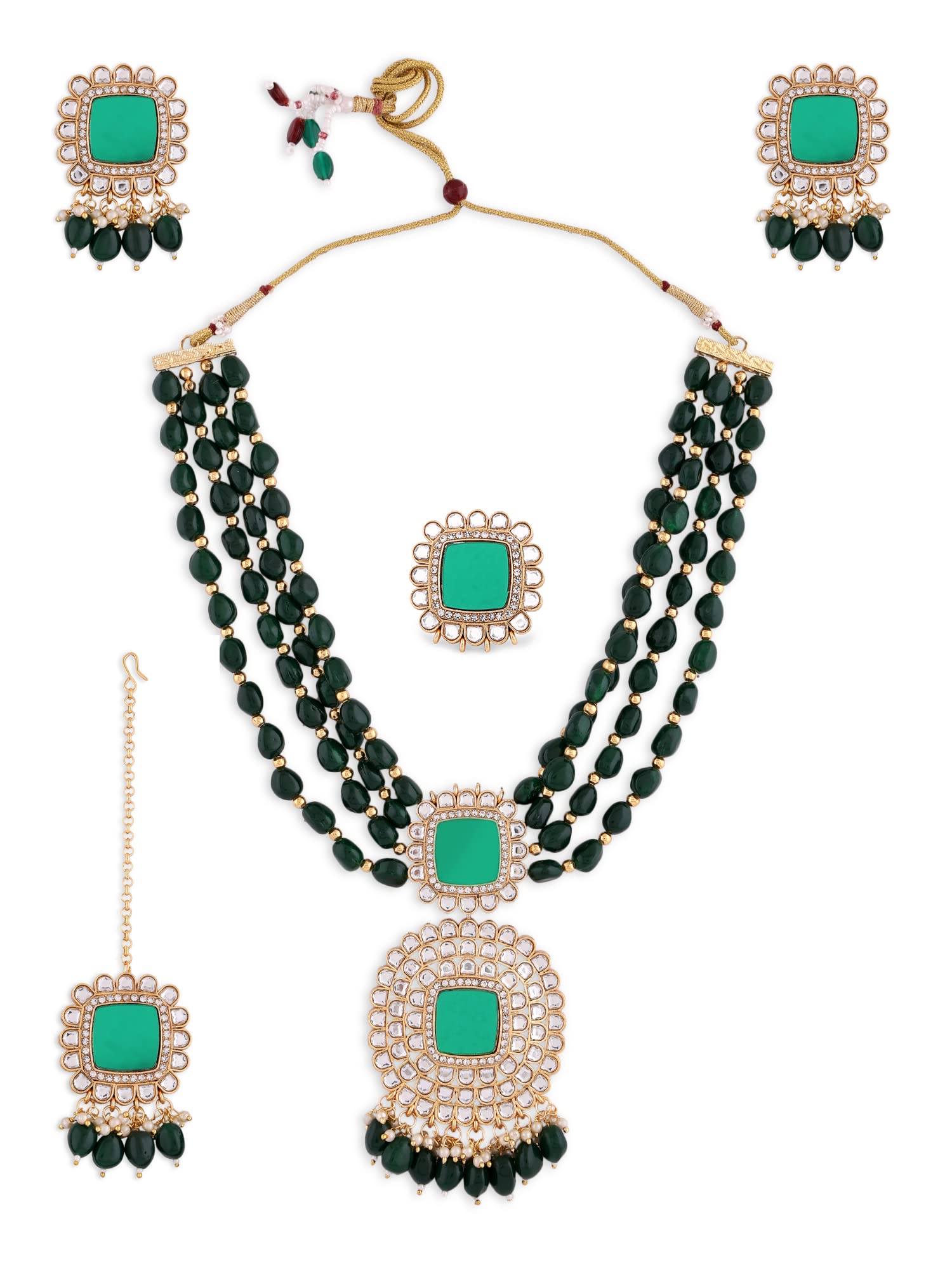 ZAVERI PEARLS Green Multistrand Beaded Mirror Necklace Earring Maangtikka & Ring Set For Women-ZPFK13969 (B0B2MSYD88) Amazon Price History, Amazon Price Tracker