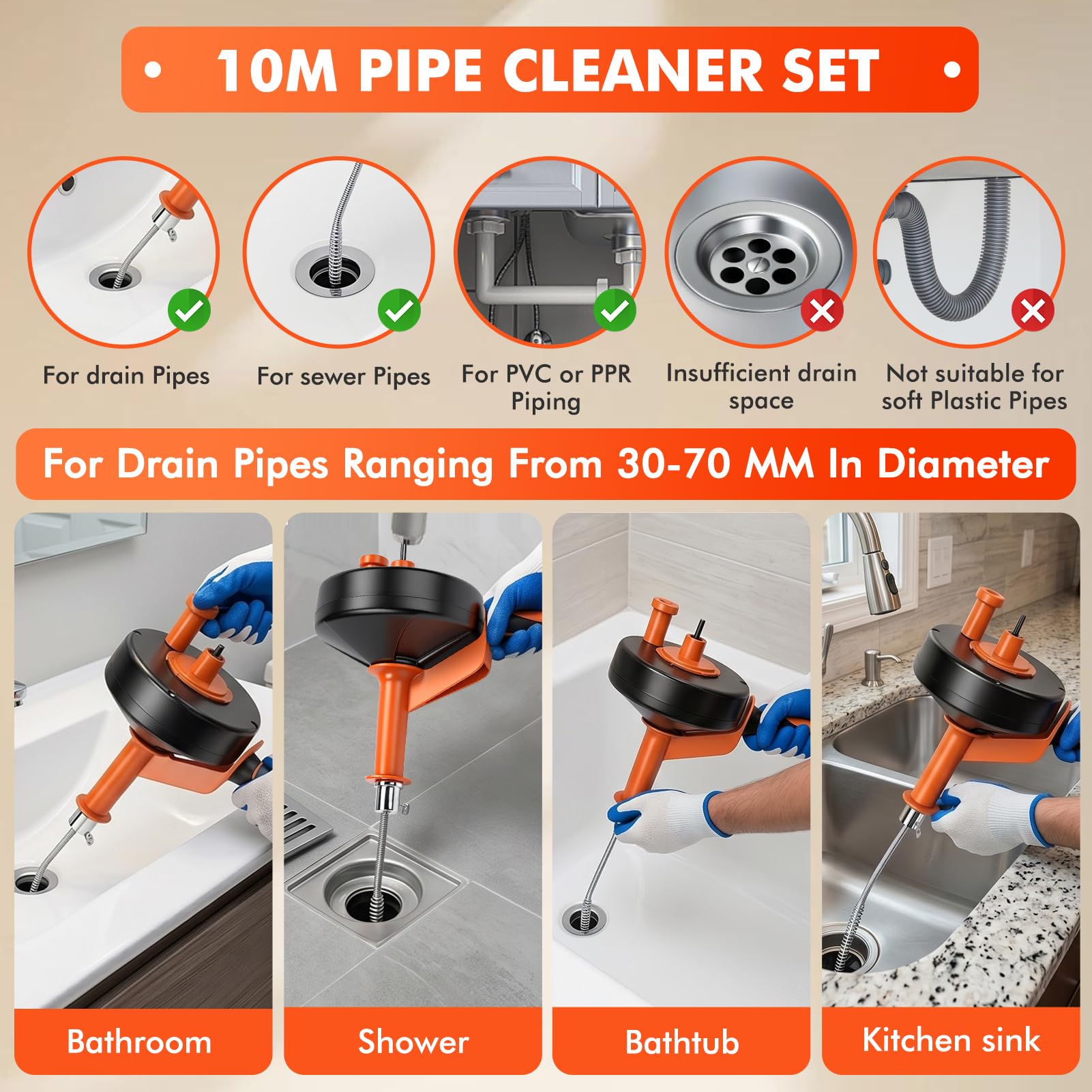 Furet Déboucheur Canalisation 10M avec Sac de Rangement & Gants – Spirale de Nettoyage Haute Résistance Galvanisée pour un Débouchage Écologique dans la Cuisine, la Salle de Bain & l'Évier