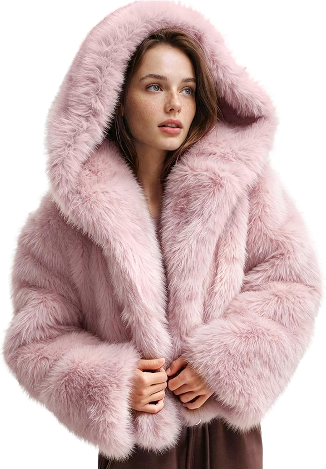 Wyeysyt Women's Faux Fur Coat with Hood Cropped Fluffy Jacket