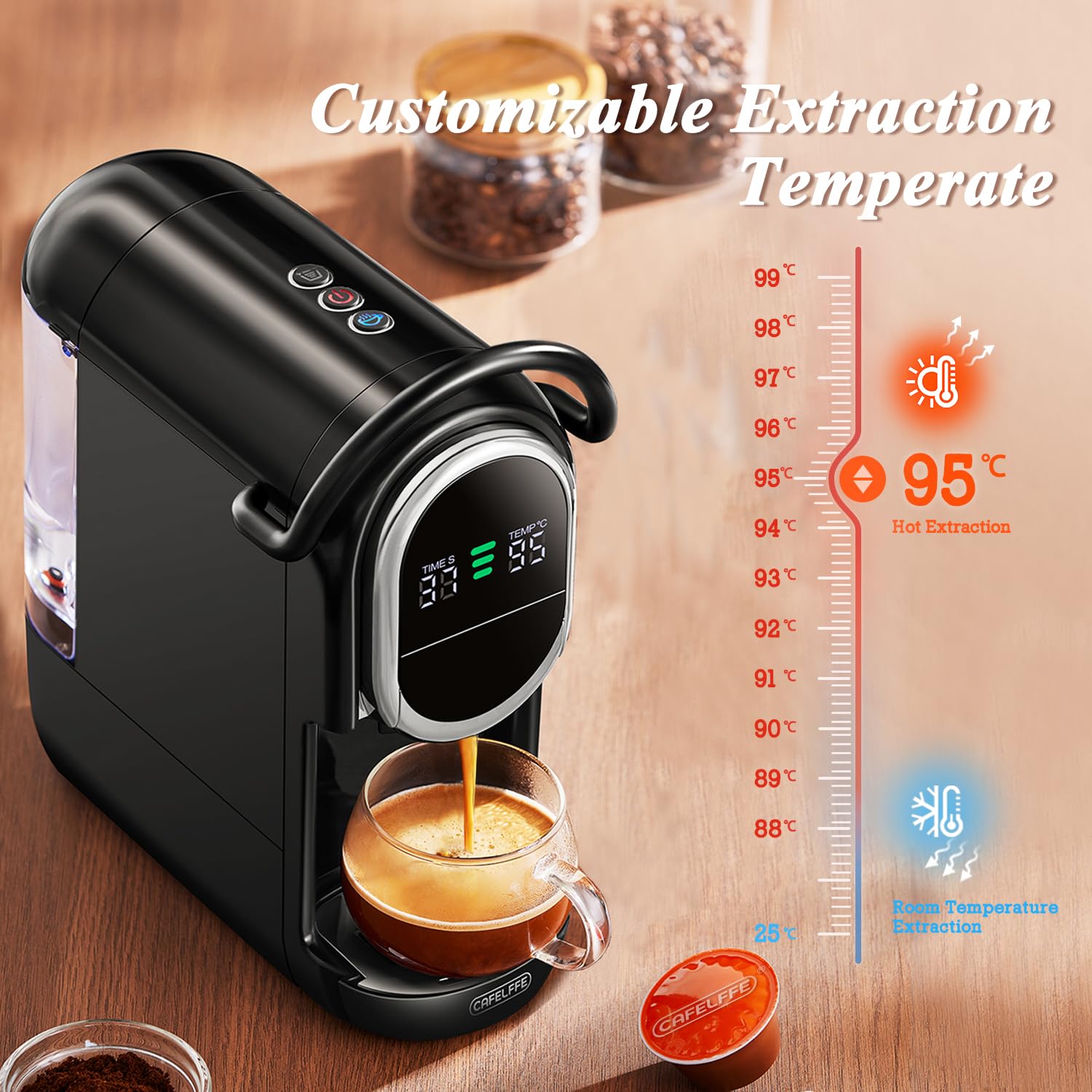 CAFELFFE MK-609S - Macchina da caffè a capsule, 6 in 1, 7 impostazioni dell'acqua e funzione di infusione calda/fredda, 19 bar, compatibile con NES Original/DG/ESE/capsule K-Cup/tè/caffè macinato