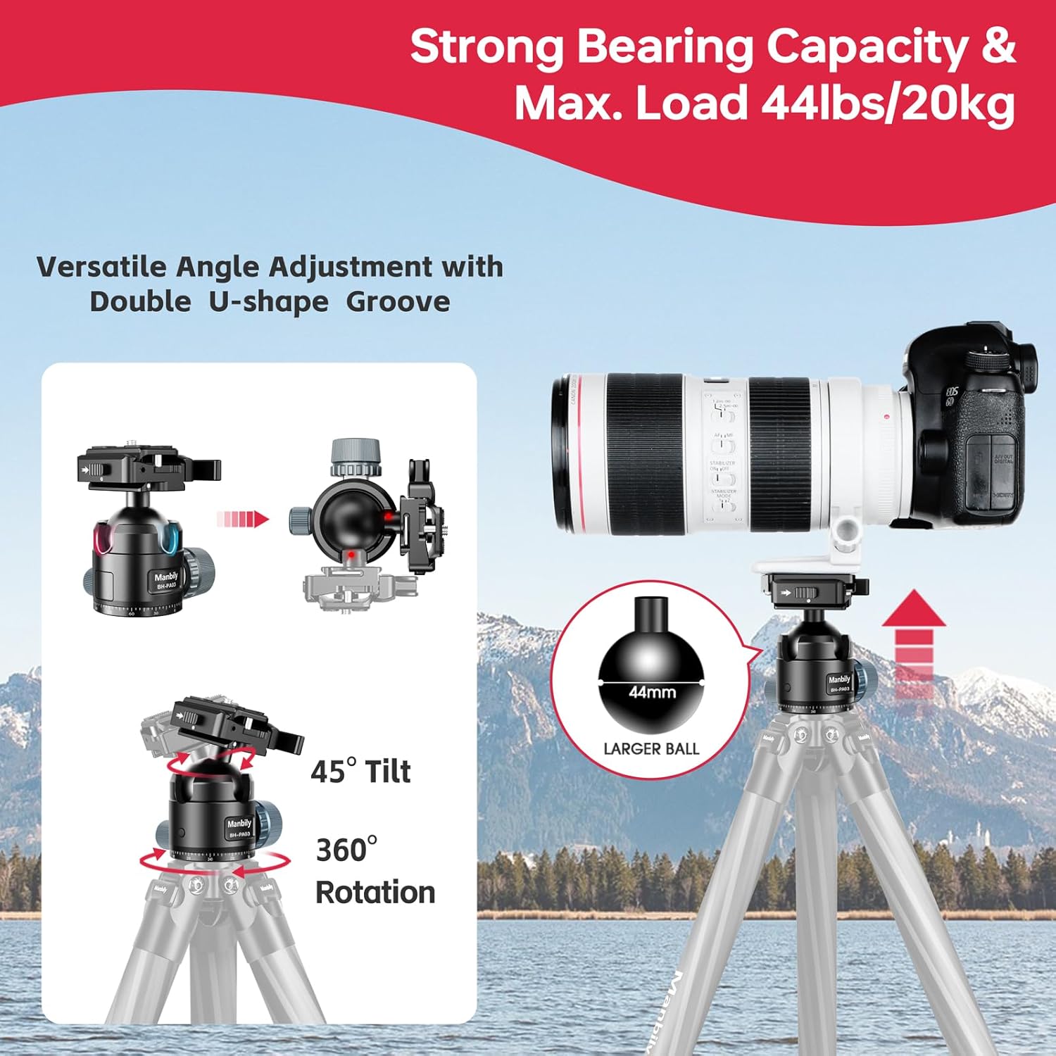 Manbily Low Profile Ball Head, 44mm Tripod Head with Picatinny to Arca-Swiss Adapter and 1/4" Quick Release Plate, CNC Aluminum 360° Head for Hunting Shooting Tripod DSLR Camera, Max Load 44lbs/20kg