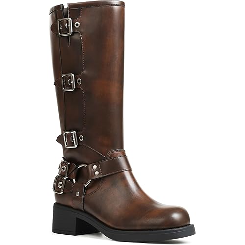 AMINUGAL Knee High Boots Women Square Toe Pull On Wide Calf Riding Fashion Buckles Chunky Metallic Casual Vintage Buckle Rivet