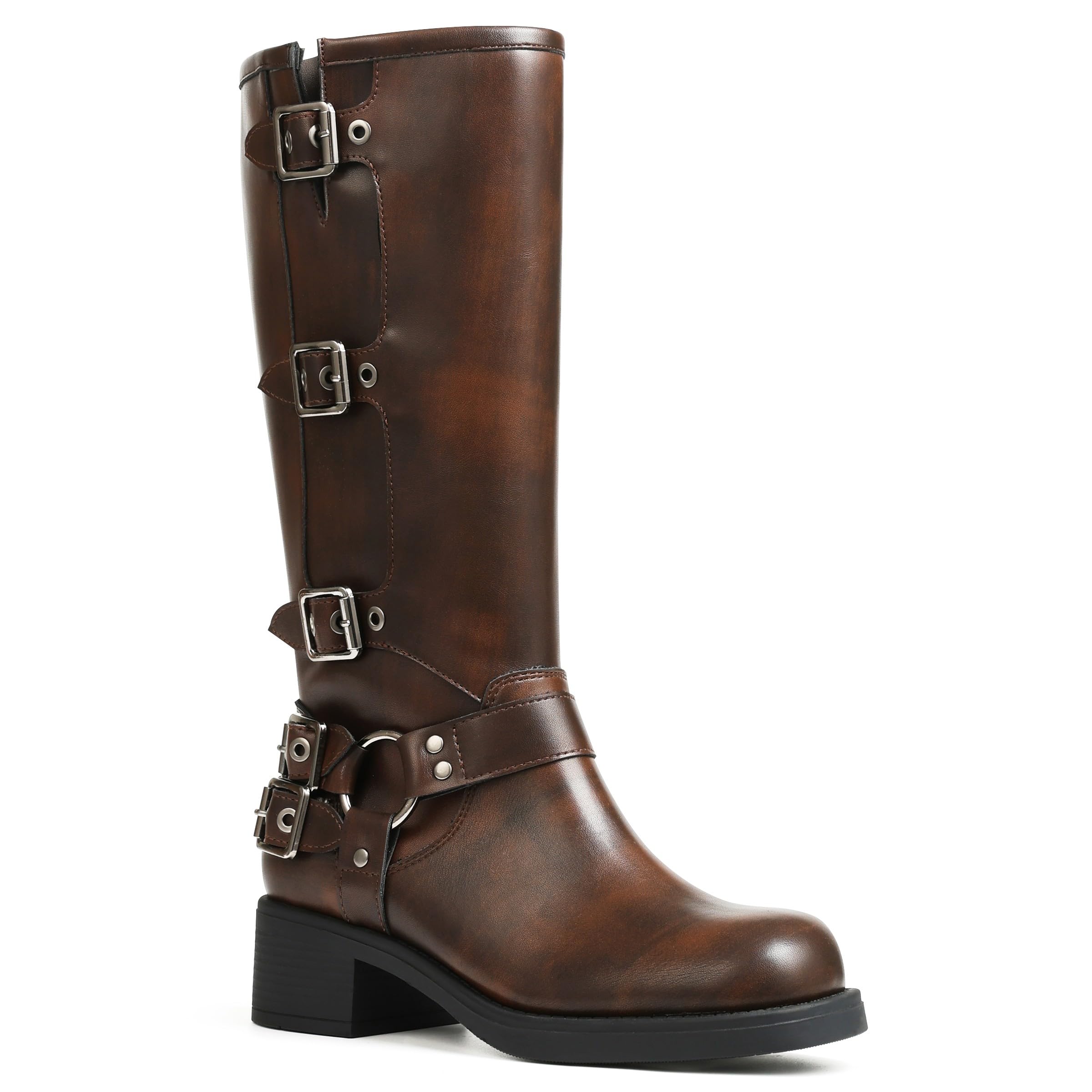 AMINUGAL Knee High Boots Women Moto Biker Buckle Tall Boots