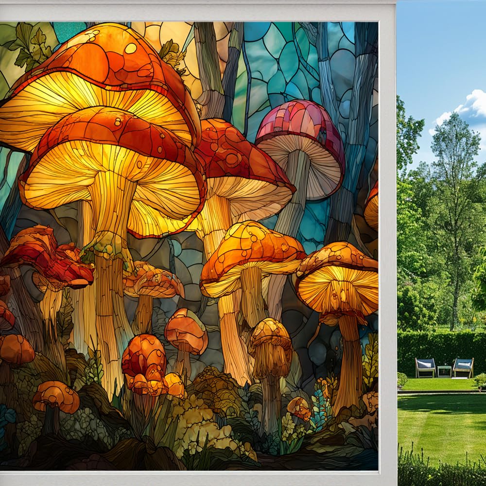 Colorful Mushrooms Stained Glass Window Film, Mystical Forest Plants Peel and Stick Privacy Film, Frosted Adhesive Vinyl Decorative for Bathroom Windows Glass Doors, （90x140cm）