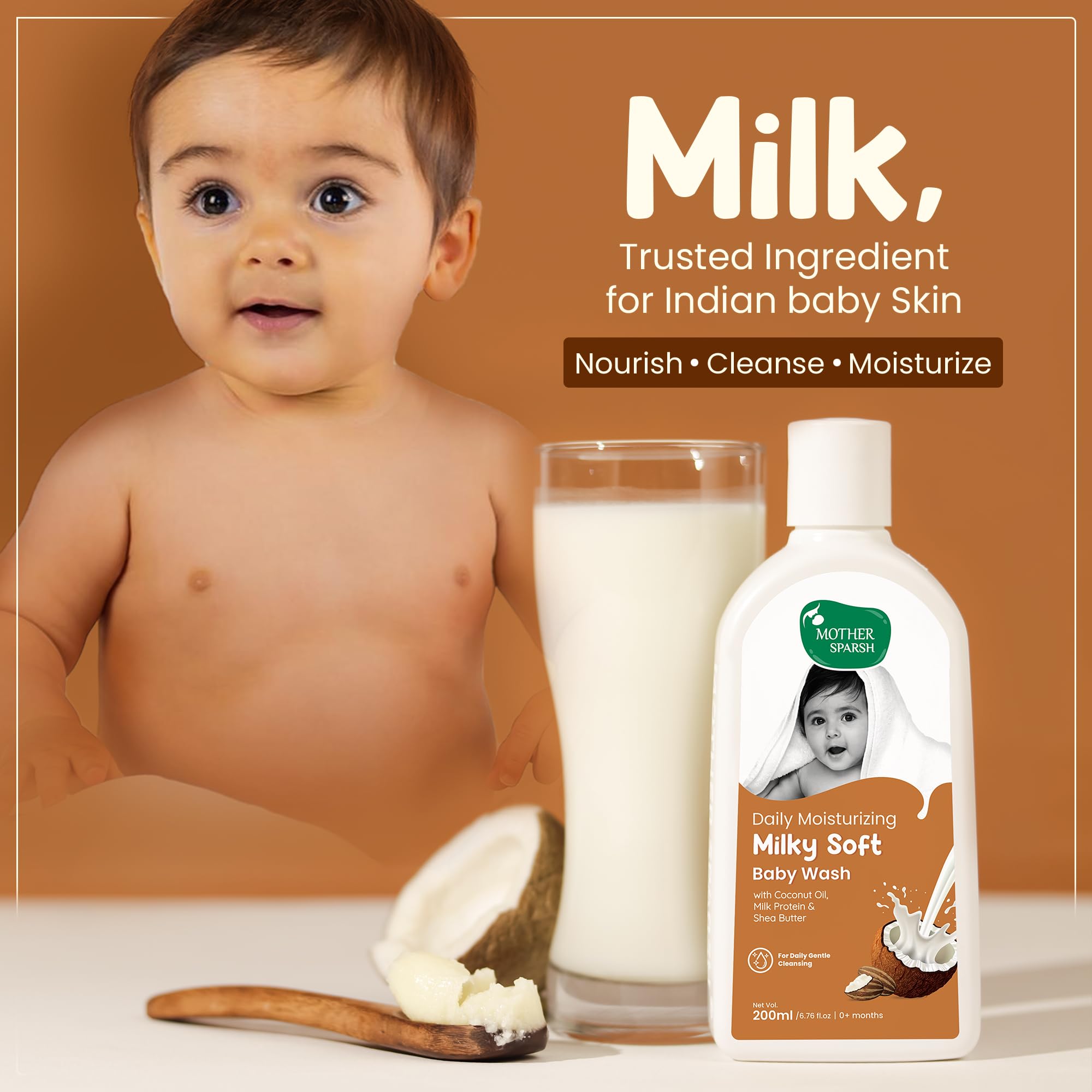 Mother Sparsh Milky Soft Baby Body Wash - 400ml | With Milk Protein & Coconut Oil | pH Balanced & Paraben free Natural Baby Wash | Tear Free Formula for Baby Bath 1