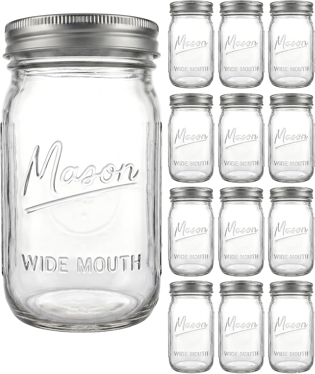 Paquete de 12 tarros Mason de 32 oz, tarros de vidrio de boca ancha con tapas herméticas para almacenamiento de alimentos, decapado, enlatado, fermentación, a prueba de fugas