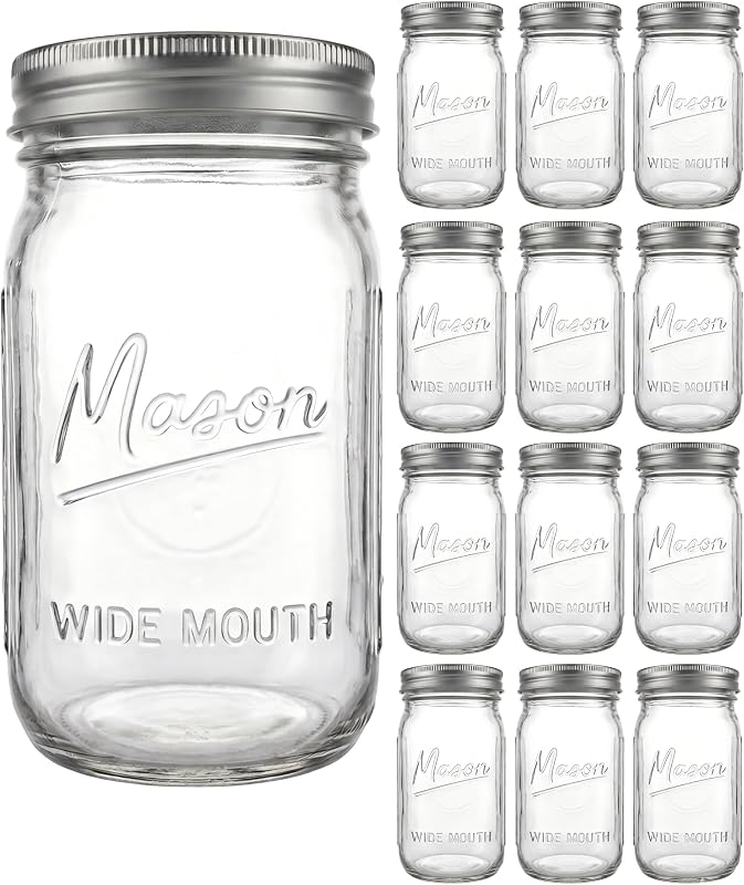 Paquete de 12 tarros Mason de 32 oz, tarros de vidrio de boca ancha con tapas herméticas para almacenamiento de alimentos, decapado, enlatado, fermentación, a prueba de fugas