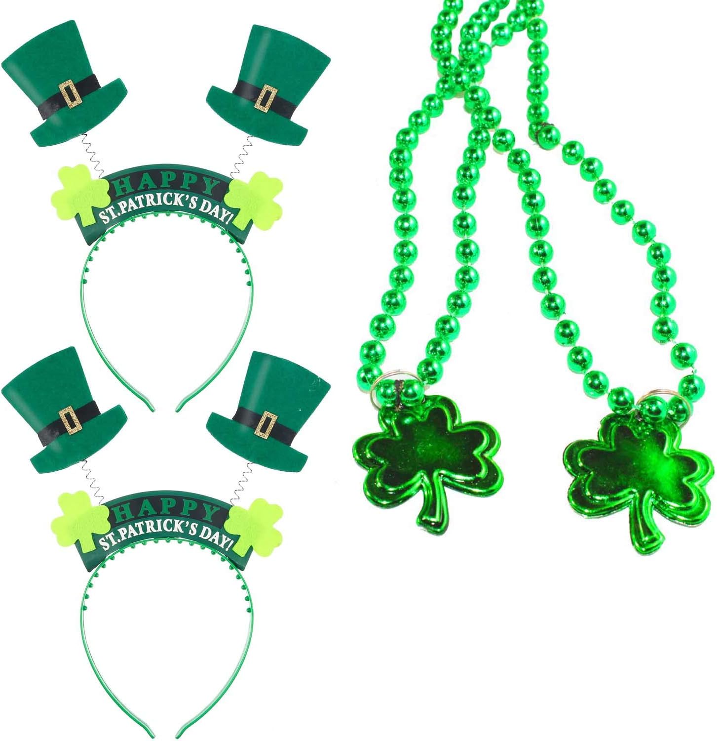 TraderPlus 2 Pcs Green Shamrock Clover Headband & 2 Pcs Necklace for St. Patrick's Day - Irish Party Supplies