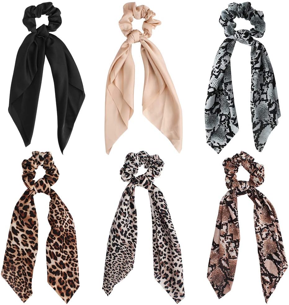 TOBATOBA 6 Pack Leopard Print Big Scrunchies for Hair Long Scrunchies Hair Scarf, Polka Dot Snake Skin, Solid Color Elastic Hair Bands Rope Scrunchy, Bun Hair Ties Bobbles Ponytail Holder for Women