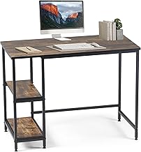 T-THREE.100cm computer home office desk, study table, writing workstation, gaming station with black metal frame and storage shelf, ideal for compact spaces, bedrooms, and student areas.