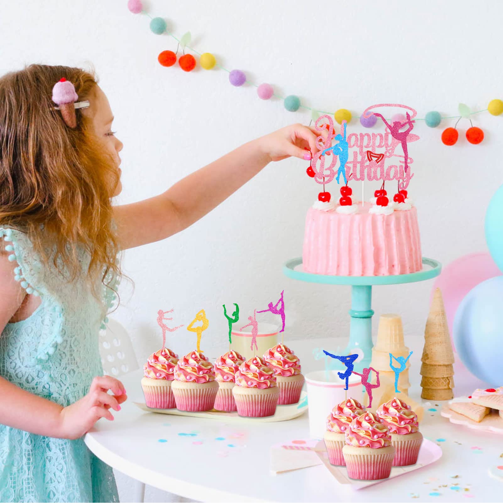 Tarklanda 25 szt. Gimnastyka Happy Birthday dekoracje tortowe brokat gimnastyczka dziewczyna babeczki toppery kolorowa sylwetka dla tematu baby shower artykuły imprezowe