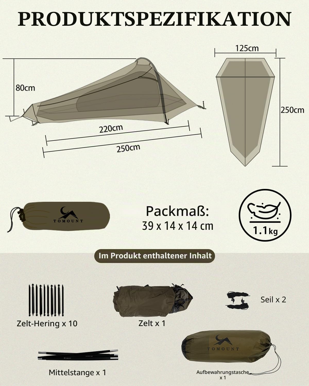 TOMOUNT Bivvy Zelt Nylon Ultraleicht 1 Person Wasserdicht Bivvy Bag Kleines Packmaß Trekkingzelt für Trekking, Camping, Outdoor, Klettern mit Rucksack