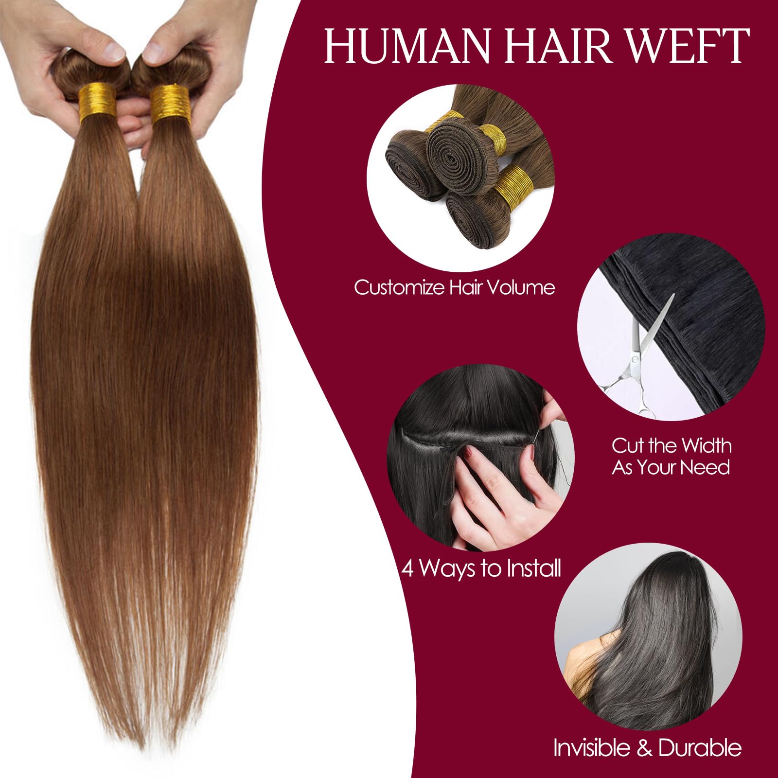 Benehair Weft Hair Extensions Real Human Hair 100g Full Head Invisible Straight Double Weft Weave Extensions for Women Silky #6 Light Brown 16 Inch - Image 2