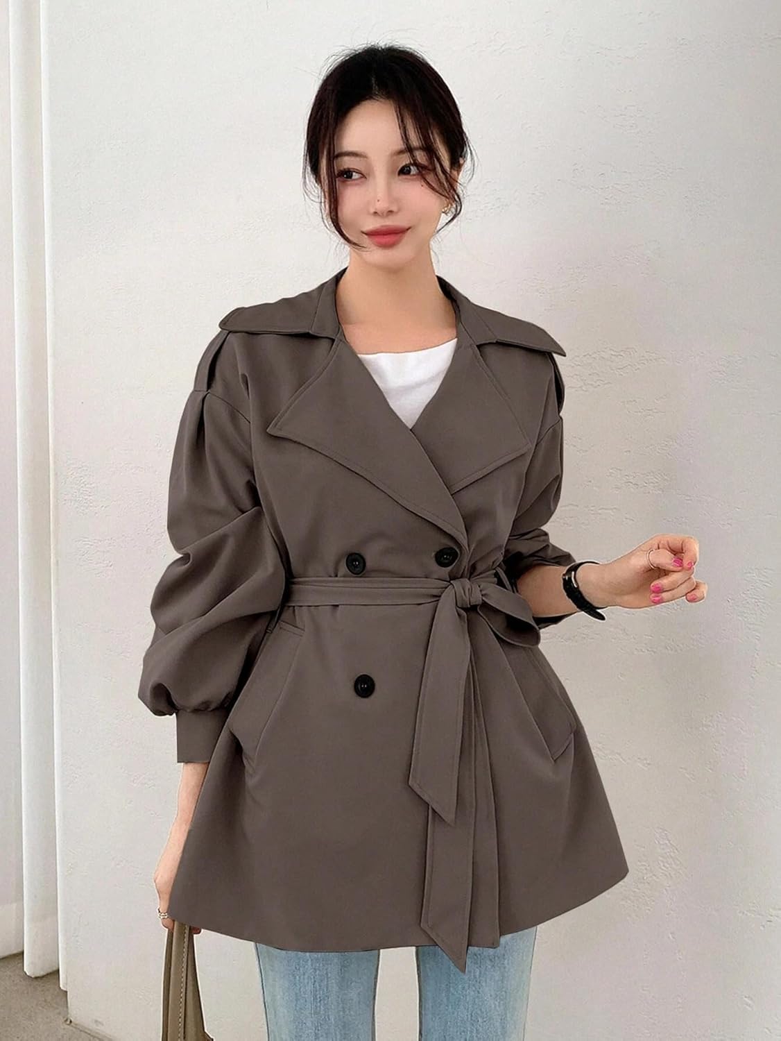 Womens Fashion Trench Outwear Double-Breasted Belted Long Sleeve Trench Coat Jacket Coat