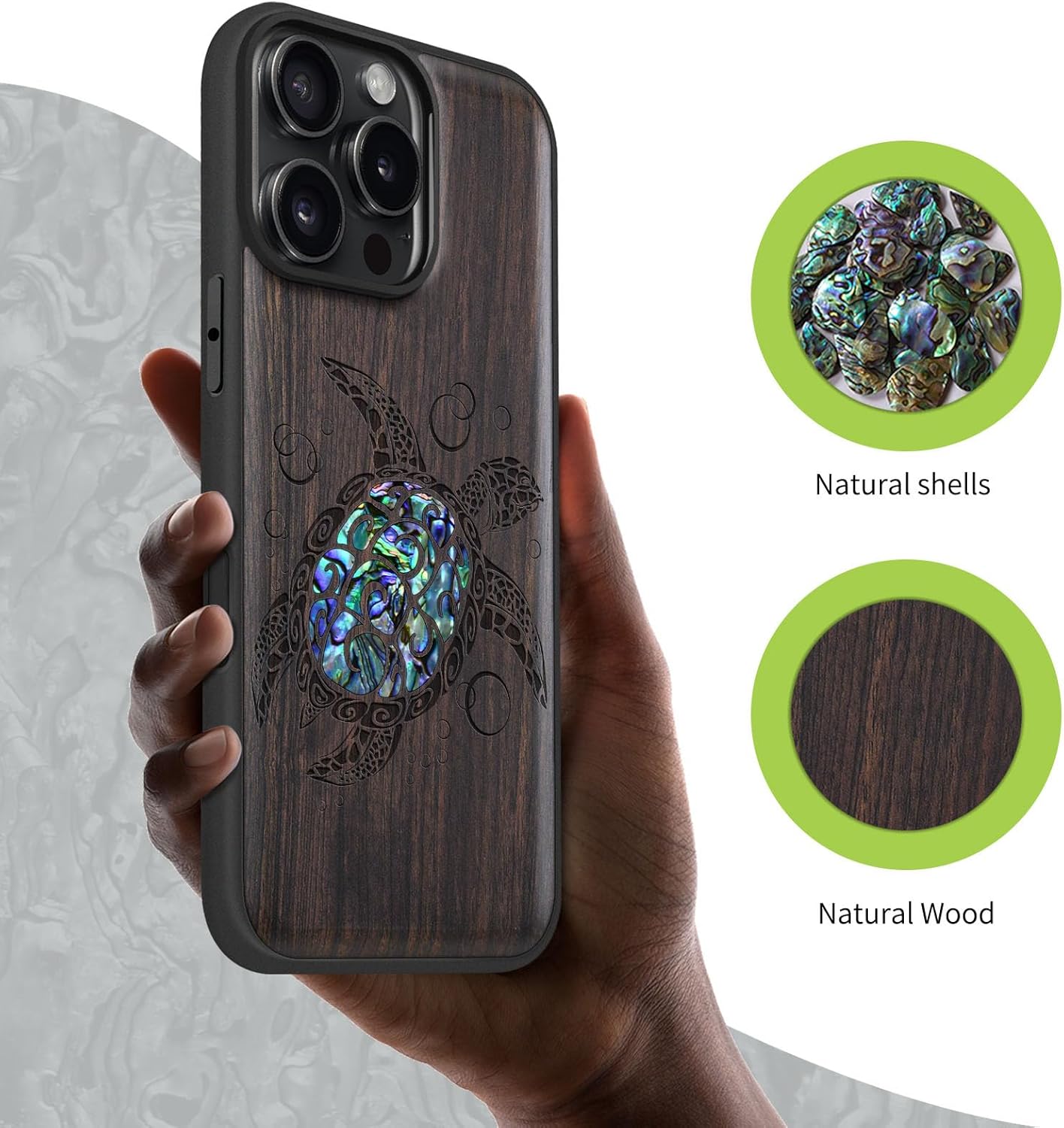 Carveit Magnetic Case for iPhone 16 Pro Max Case, Wood Artisan Engraved & Handmade Shell Inlaid, TPU Shockproof Cover, Compatible with MagSafe Wireless Chargers (Sea Turtle) Blackwood