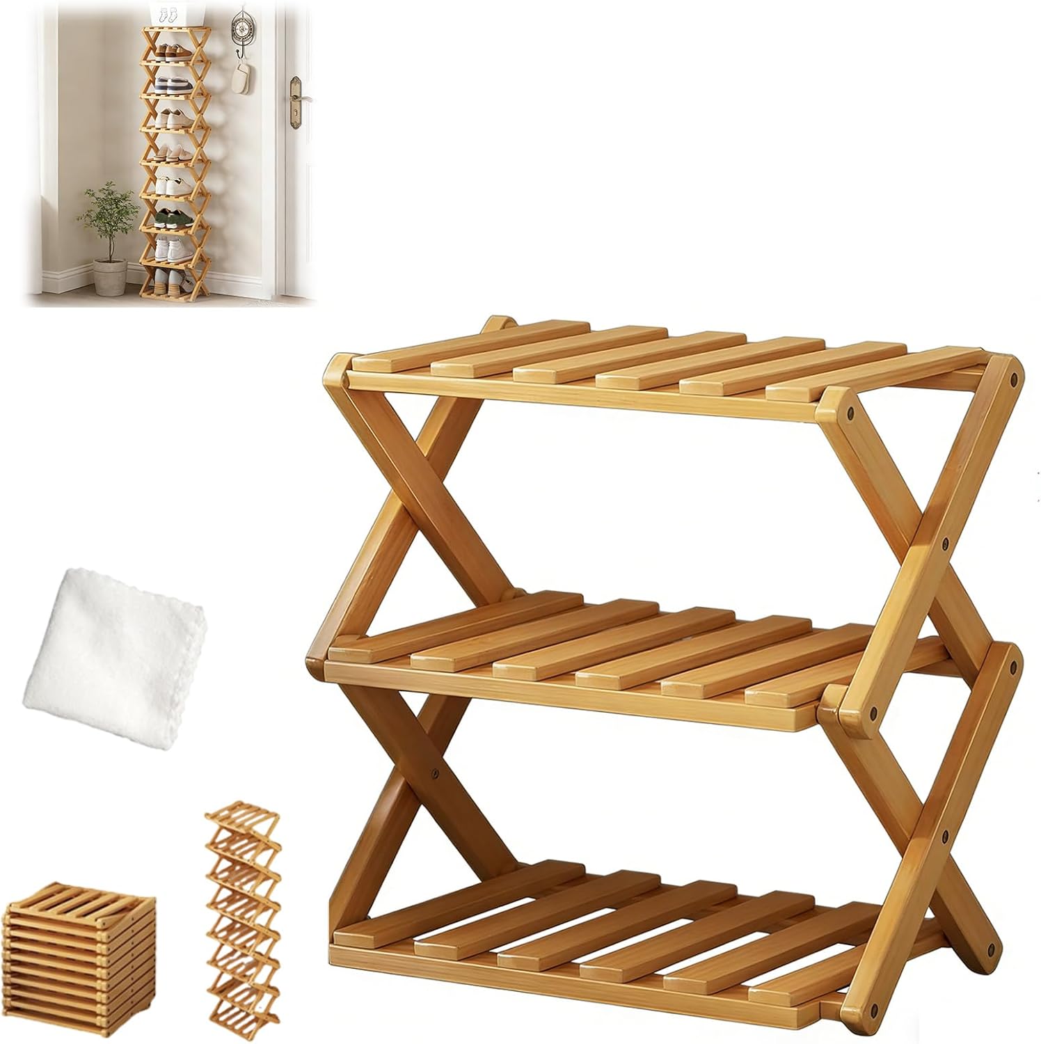 The 9-Tier No-Assembly Bamboo Rack, Multi-Story Simple Shoe Rack Unfolds with a Single Pull, Extendable Storage Rack Suitable for Dormitories, Company Rooms, and Hotel Rooms (3 Tier Nature)