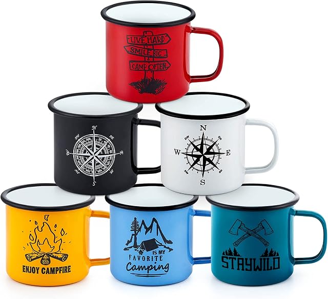 Enamel Coffee Camping Mug Set of 6, Joyfair 16oz Personalised Enamel Travel Tea Drinking Tin Mugs Cups, Red/Green/Blue/White/Black/Yellow, Ideal for Home/Office/Hiking/Gift, Reusable & Portable, 450ml