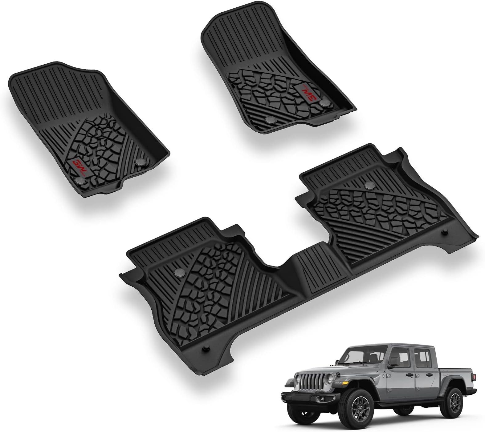 3W Floor Mats Compatible for Jeep Gladiator 2020-2024 2025, Custom Fit TPE All Floor Liner for Weather Jeep Gladiator,1st & 2nd Row Full Set Car Liners with Red Logo,Black