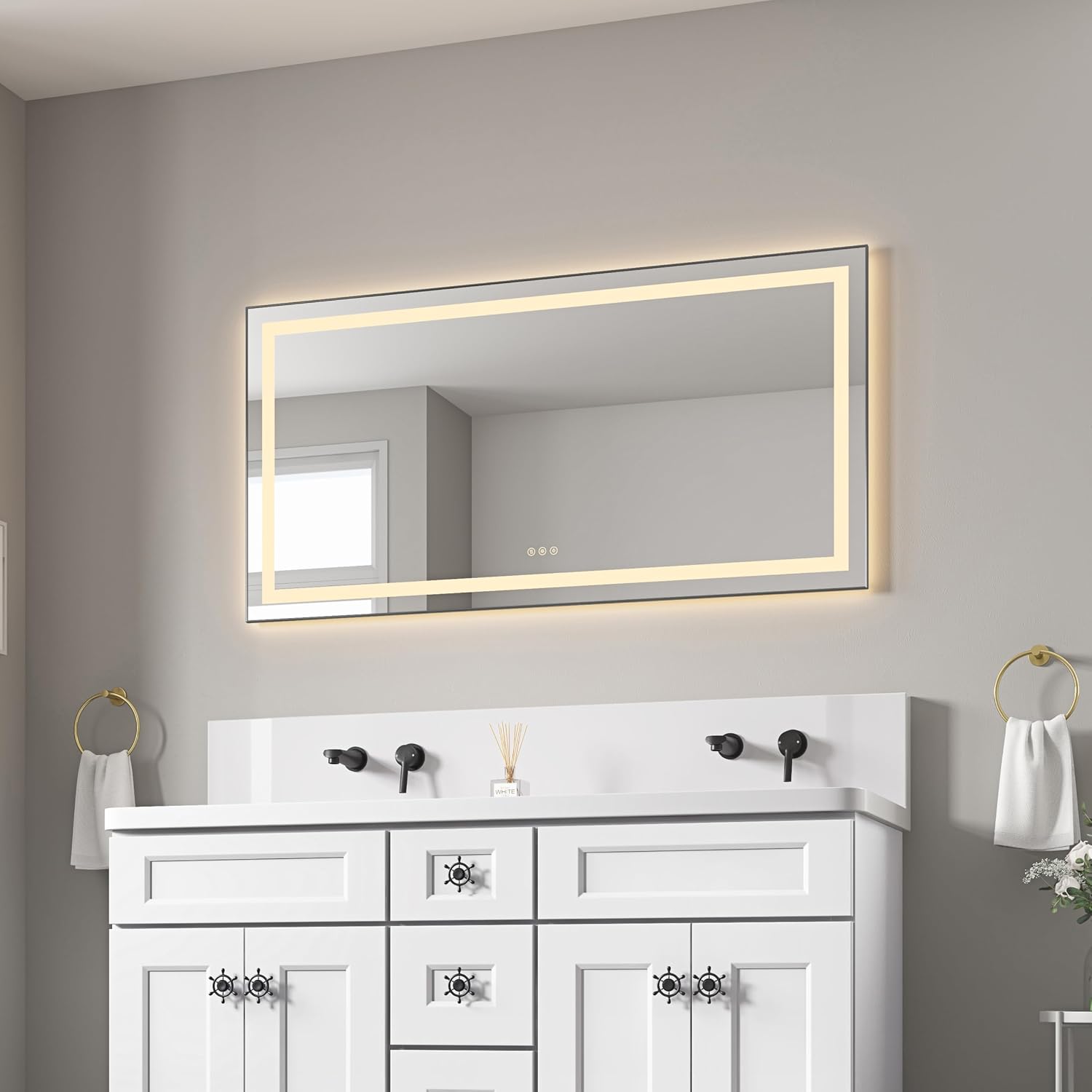 55 28 Inches Led Bathroom Mirror with Front Backlight, Dimmable Wall Mounted Vanity Mirror, Aluminum Frame, Fog, 3 Color Temperatures, Memory Function, Ash Finish