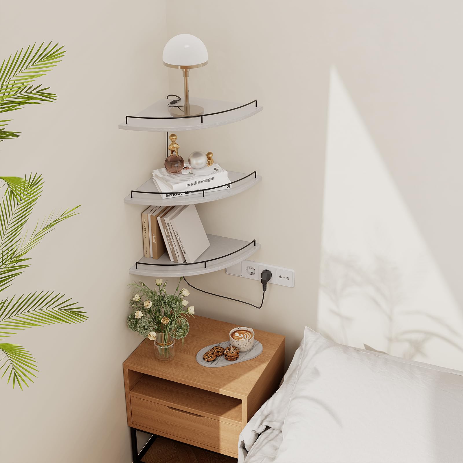 JJL Eckregal zur Wandmontage, 30 cm, 3-stöckiges schwebendes Eckregal, fächerförmig, rustikales Holzdekor mit Zaun, weiße schwebende Regale für Wohnung, Schlafzimmer, Küche, Badezimmer