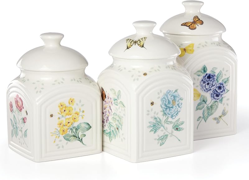 Lenox Butterfly Meadow Porcelain Canister Set, 3-Piece, for Kitchen Counter | dishwasher safe | floral design | kitchen storage, gift for women, home and kitchen decor, kitchen storage item