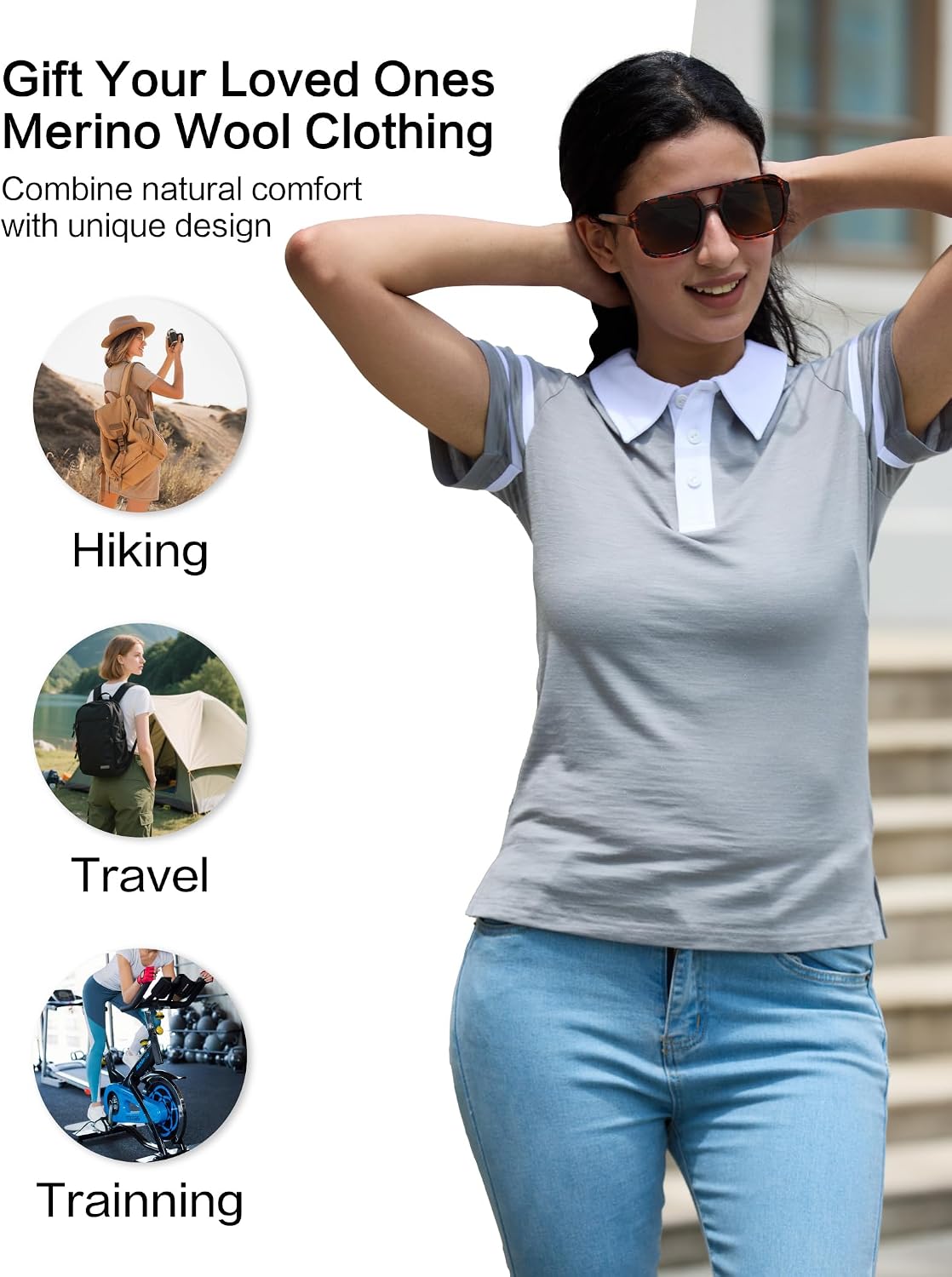 Merino Wool V Neck Polo Shirts for Women for Tennis, Breathable Moisture Wicking Womens Golf Shirt Short Sleeve