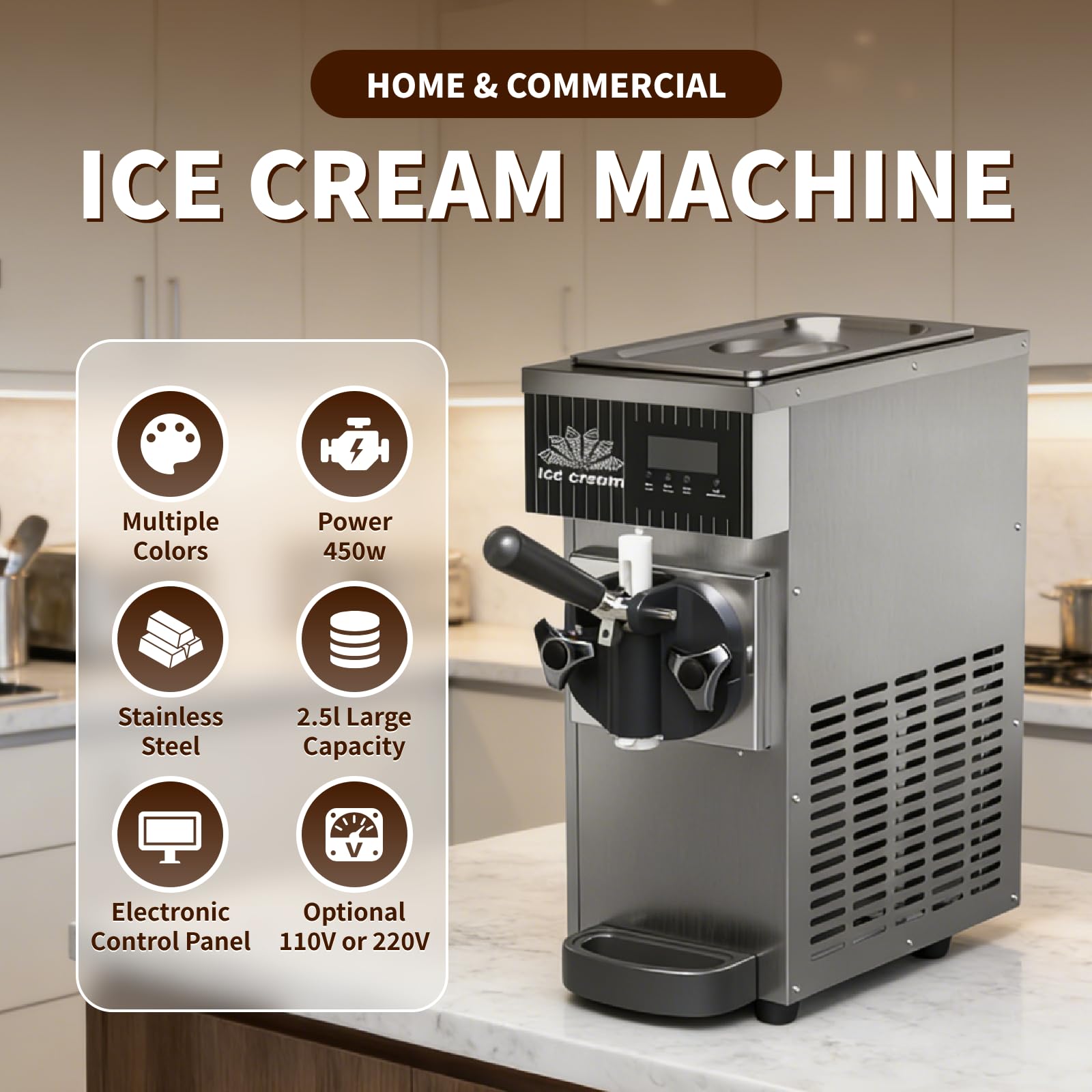 Máquina de helado de servicio suave, máquina comercial de 450 W, 55-65 porciones por hora, fácil limpieza con un solo clic, ideal para restaurantes, tiendas de aperitivos y bares