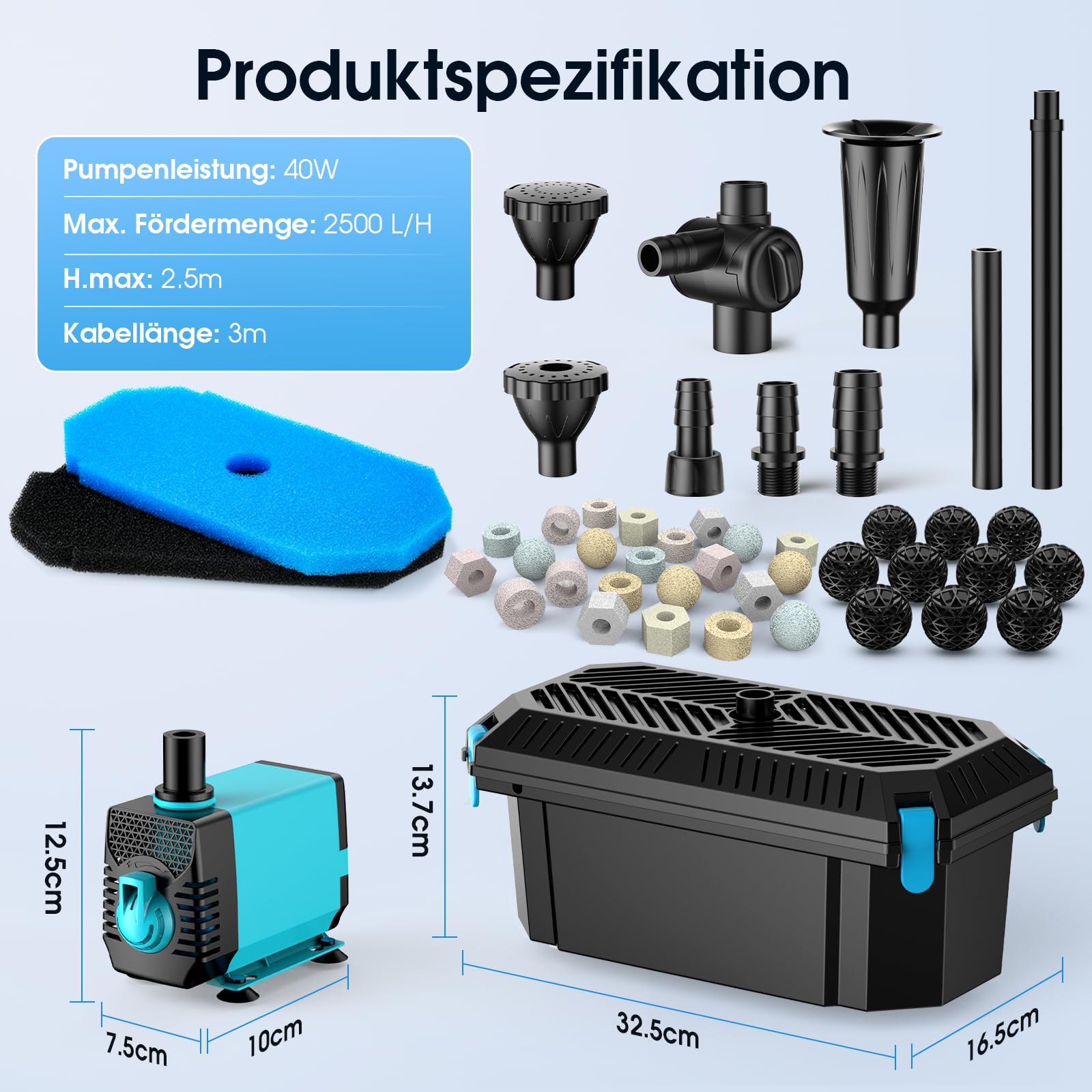 POPOSOAP Teichfilter mit Springbrunnen-Set, 40W 2500 L/h Teichfilter Komplettset mit Pumpe, einstellbarer Durchfluss und sauberes Wasser für Gartenteiche und Wasserspiele (kabelgebunden)