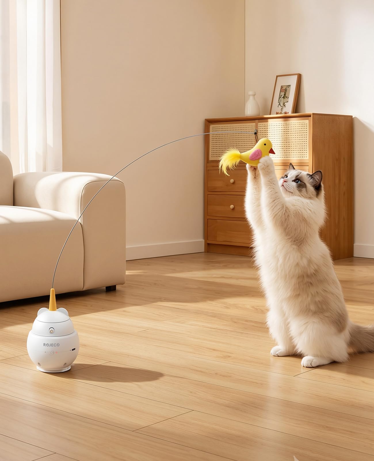 ROJECO Versione Migliorata – Giocattolo Interattivo per Gatti con Laser Rotante 360 & Canna da Pesca 2in1, Ricaricabile USB-C, 3 Modalità, Ventosa Potente, Spegnimento Automatico Intelligente