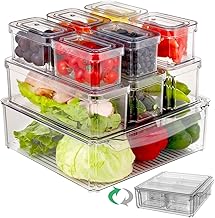 DIOZYRA Set of 10 Refrigerator Organizers with Lids, Stackable Food Storage Container, Refrigerator Storage Bins for Vegetables, Fruits and Meat, Plastic Clear Freezer Produce Saver (with Drain Tray)